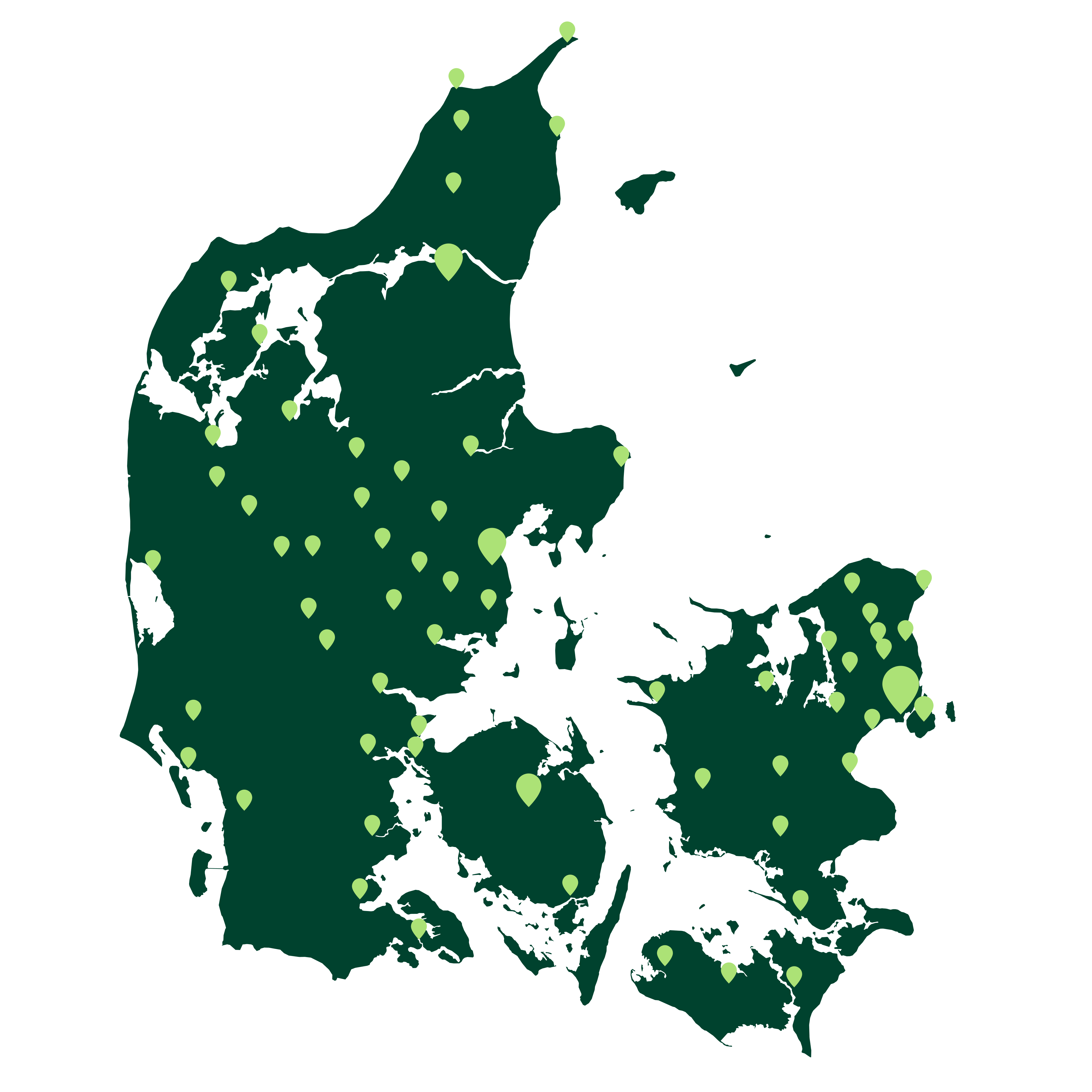 Danmarkskort med pins ved bankens afdelinger