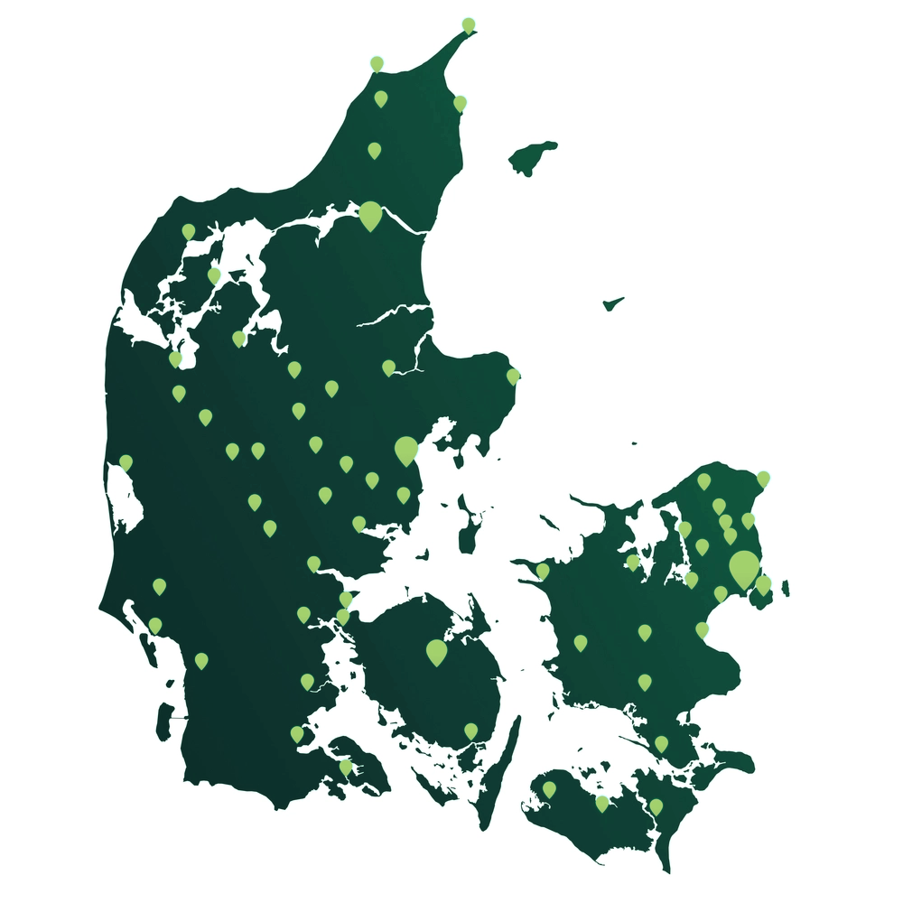 Danmarkskort med pins ved bankens afdelinger