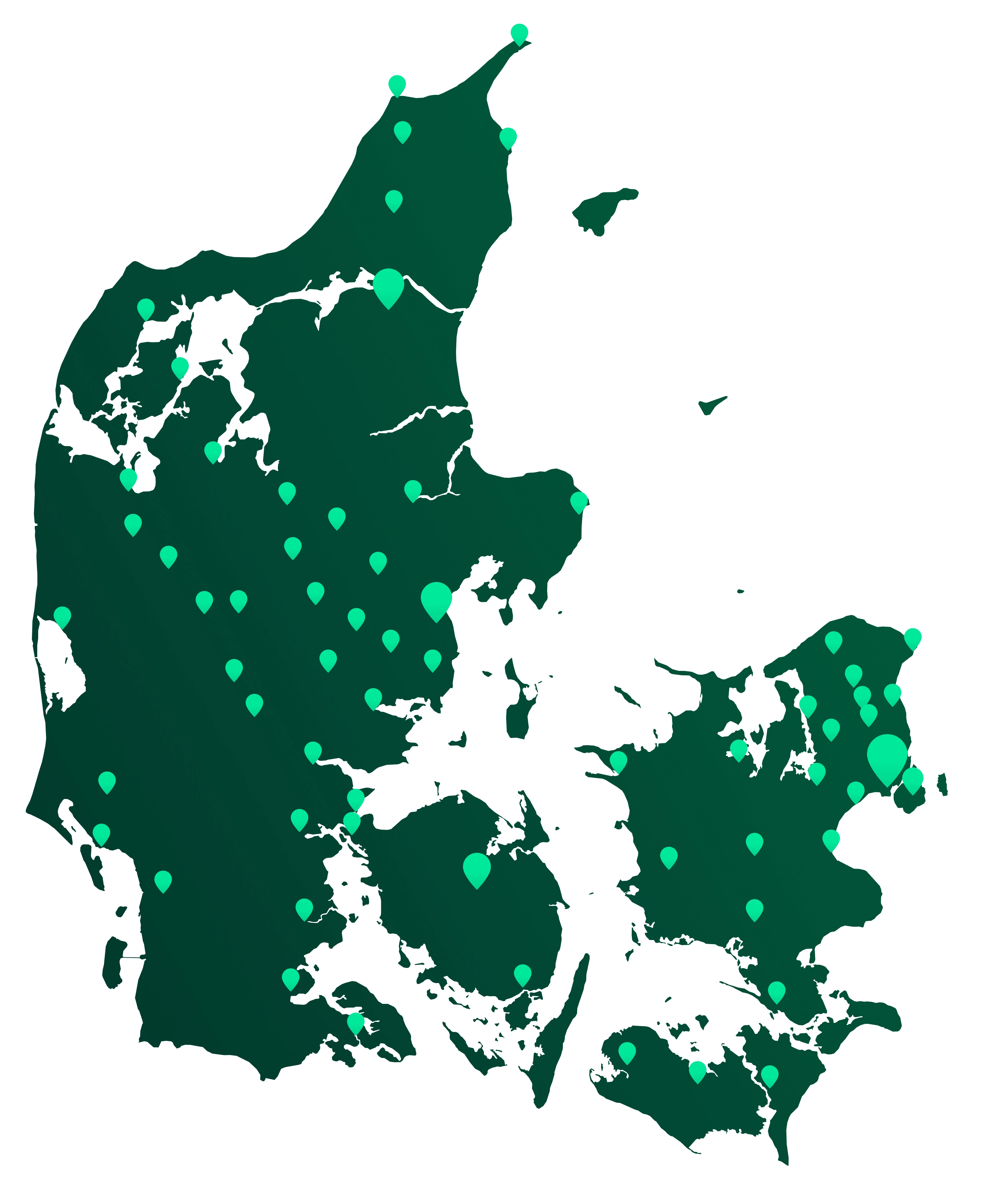 Danmarkskort med pins ved bankens afdelinger