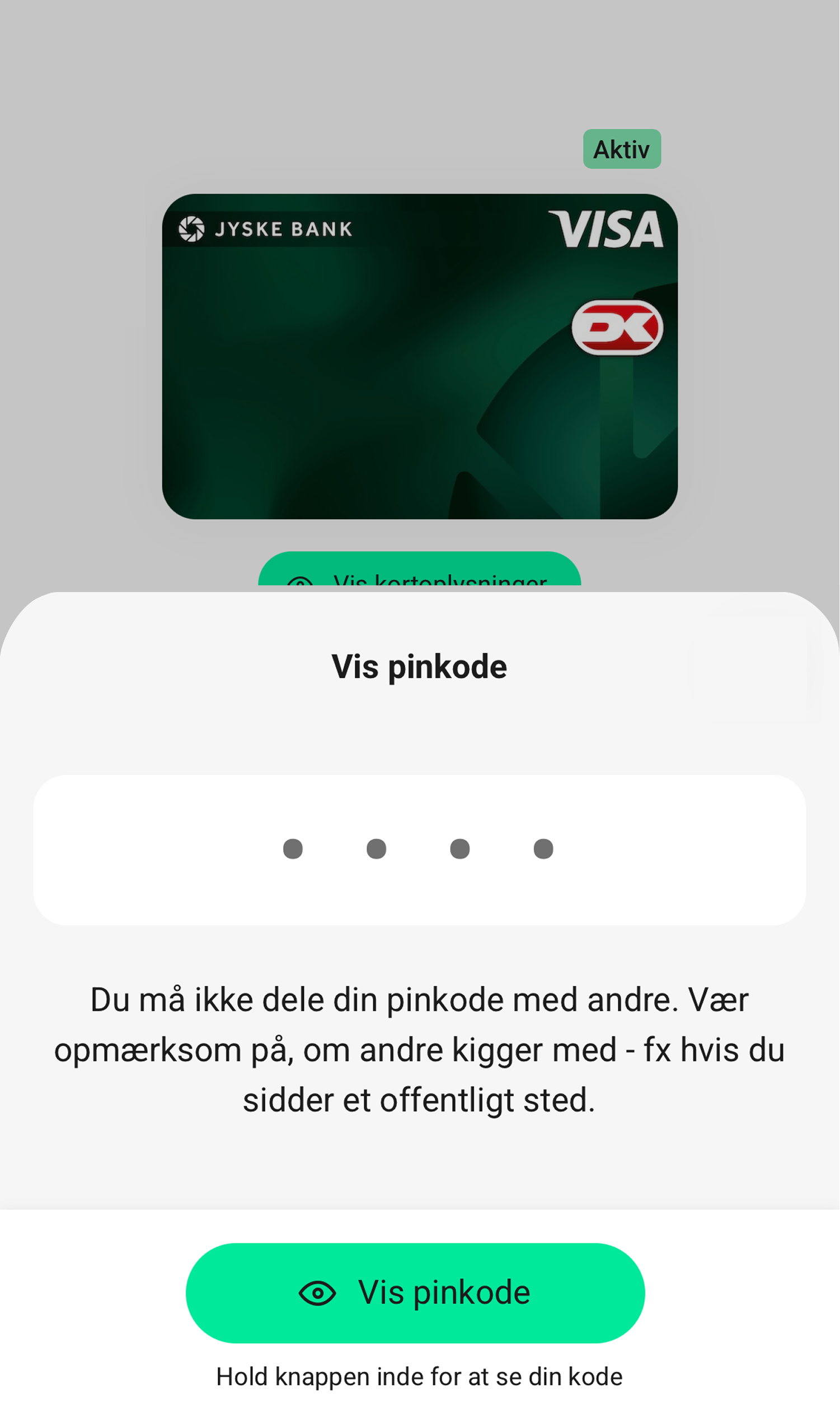 Vis pinkode skærmbillede fra mobilbanken