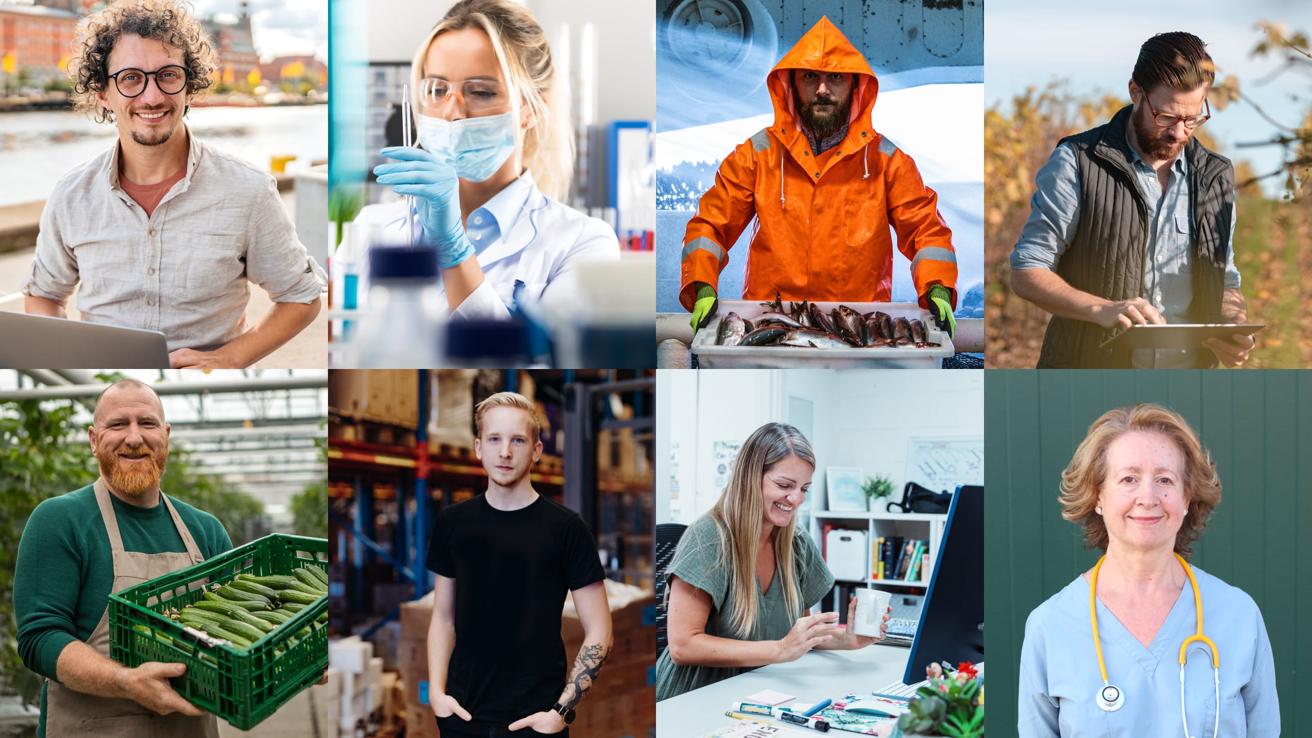 Collage med 8 forskellige personer med brancher