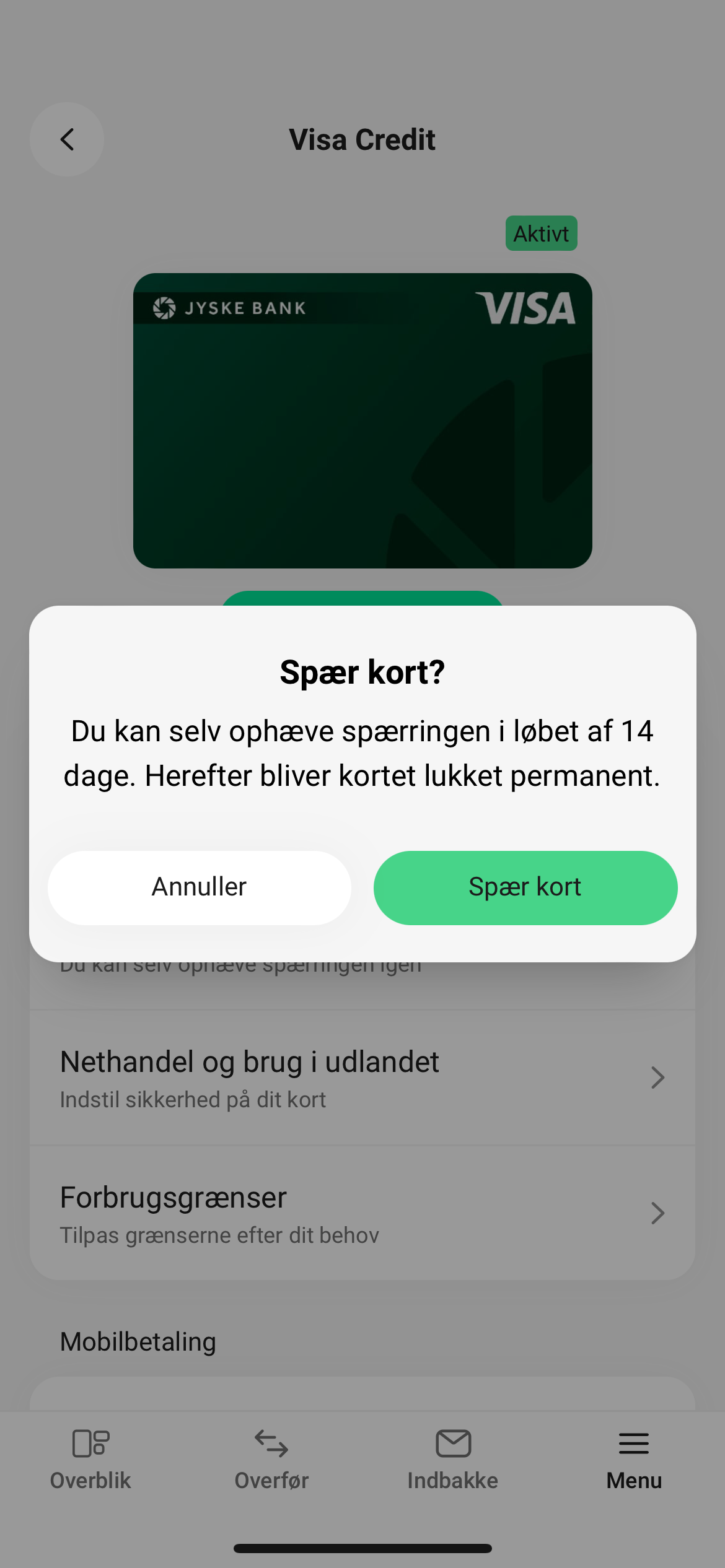 Skærmbillede fra mobilbanken med spær kort