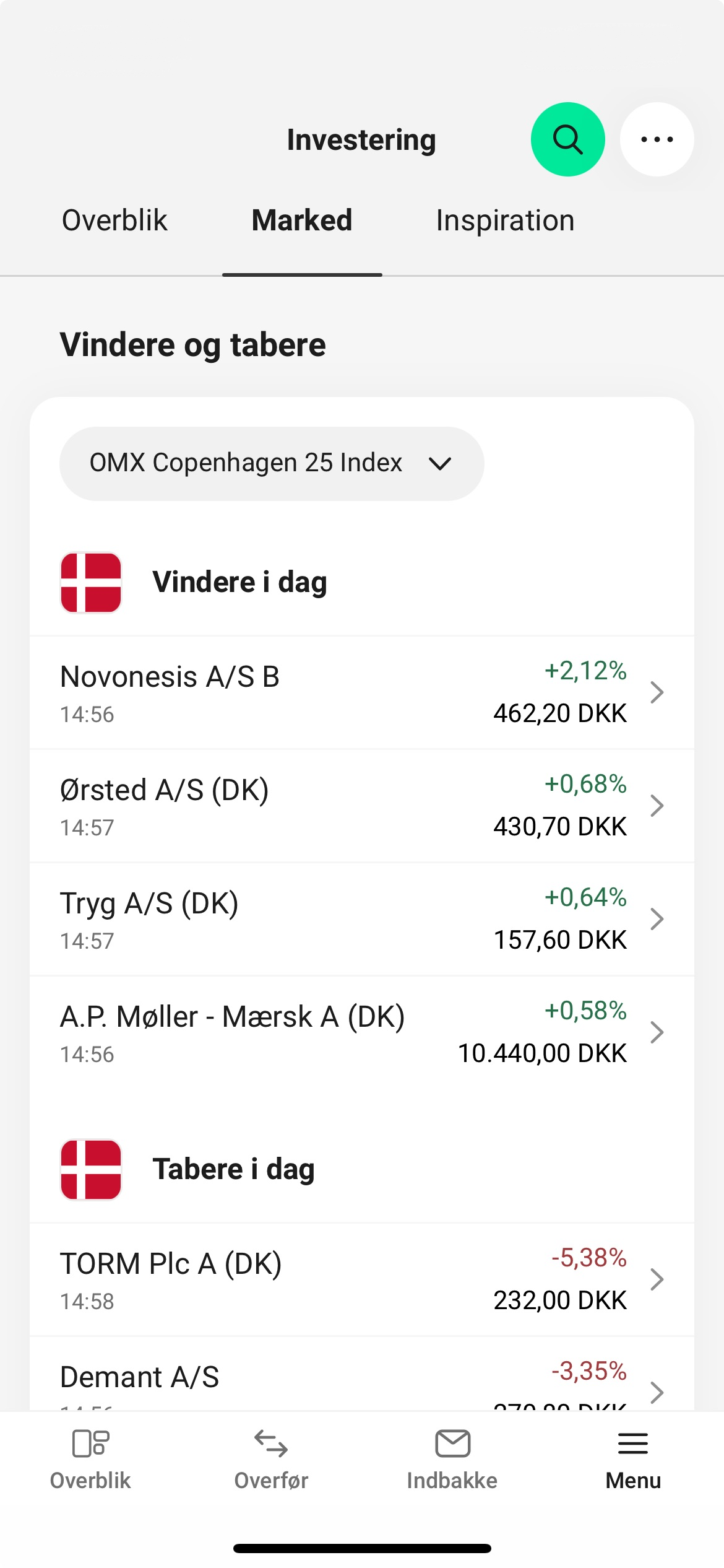 Skærmbillede fra mobilbanken med vindere og tabere på investeringsmarkedet