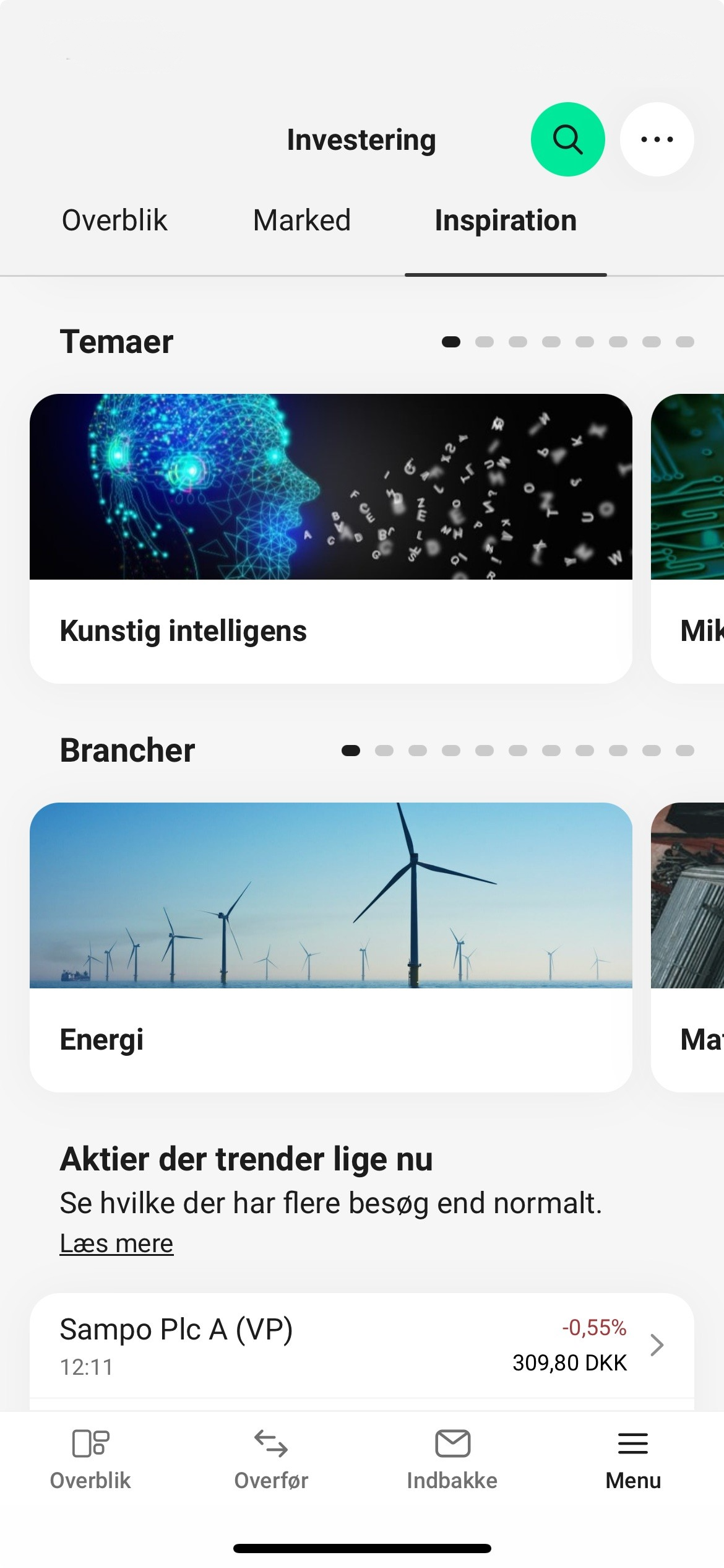 Skærmbillede fra mobilbanken der viser, hvor man kan søge inspiration til investering