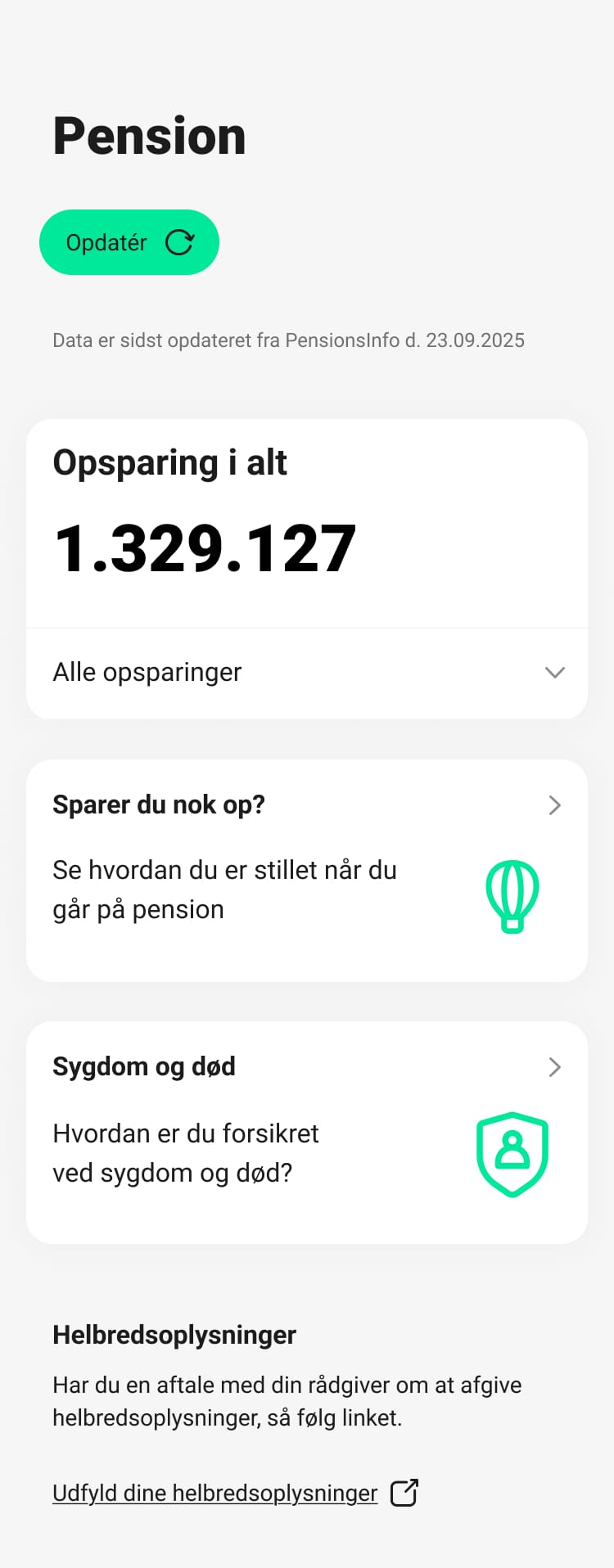 Screendump fra mobilbanken med pensionsoverblik