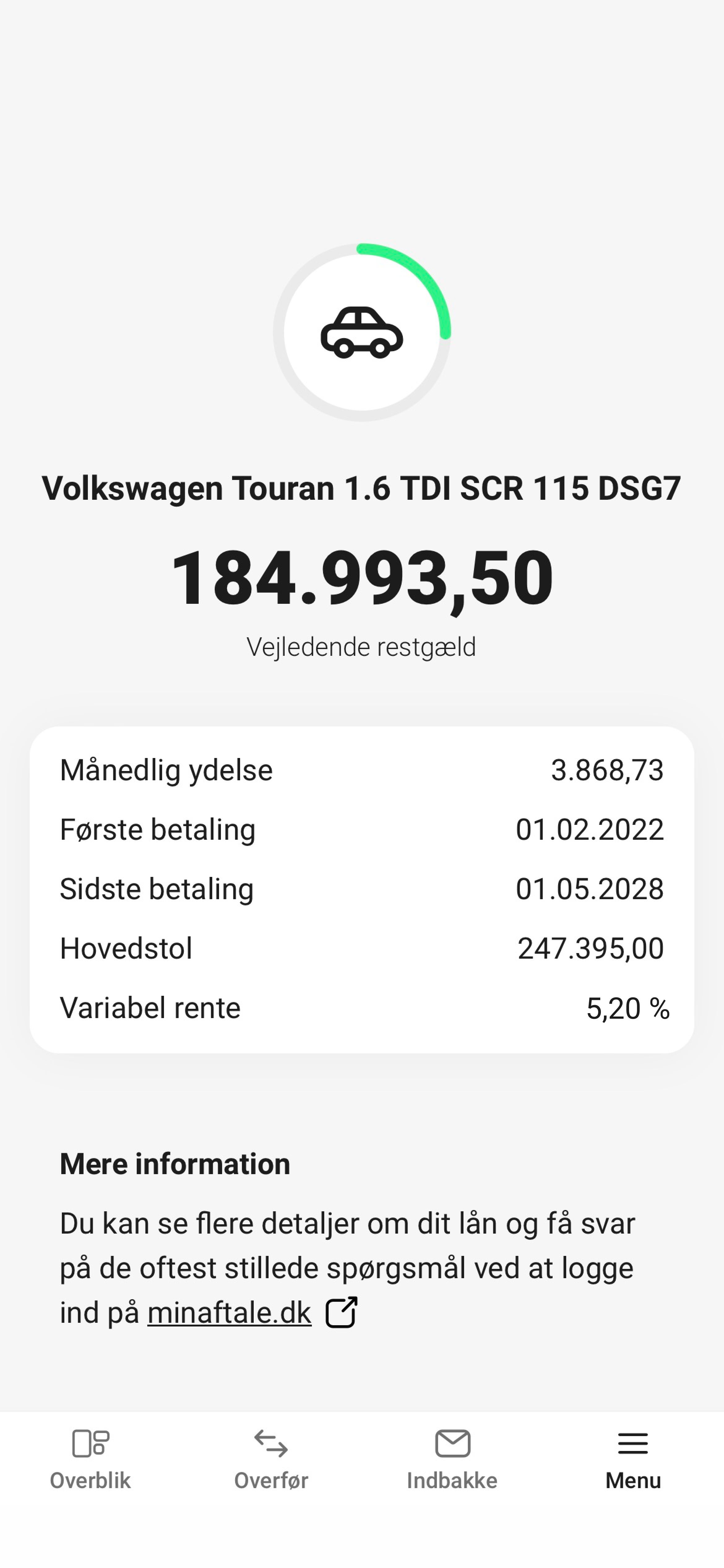 Skærmbillede fra mobilbanken med Jyske Billån