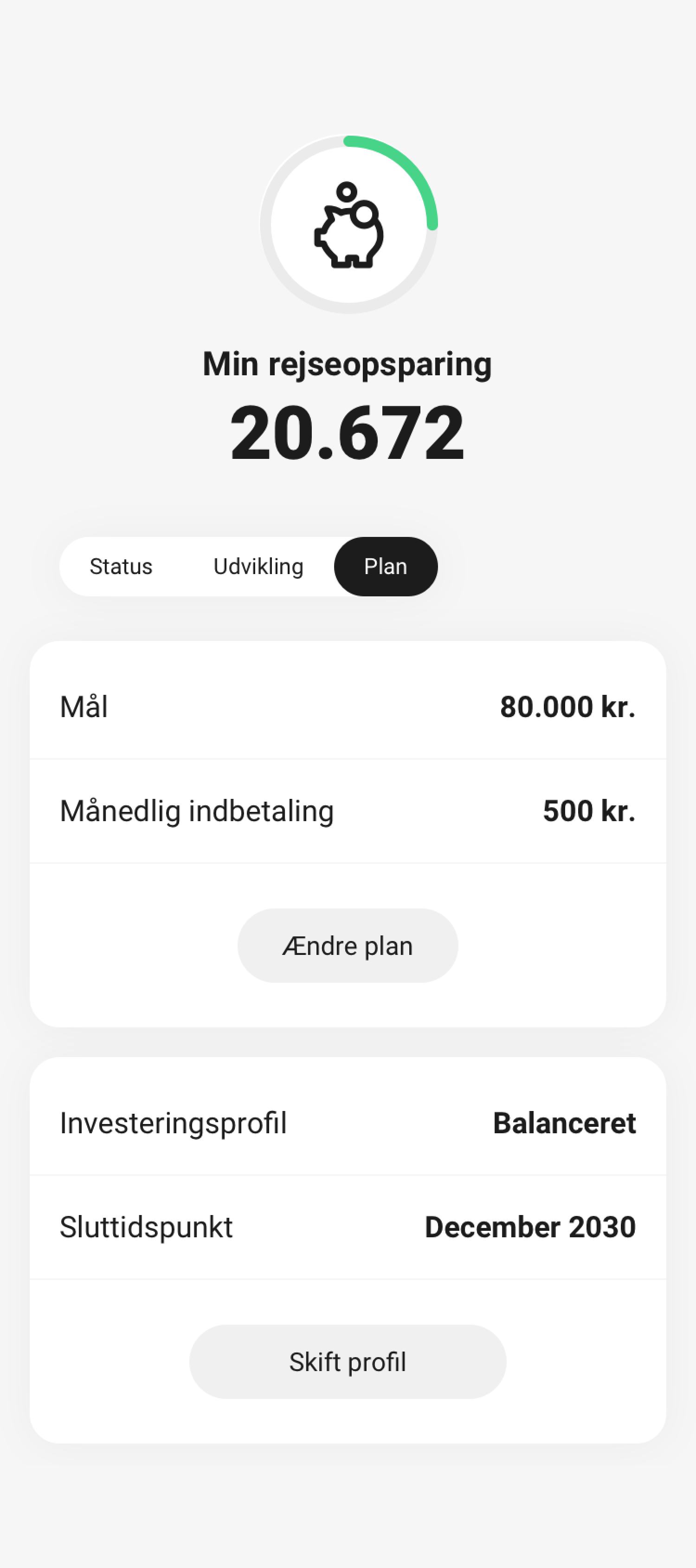 Skærmbillede fra mobilbanken - Juster din plan 