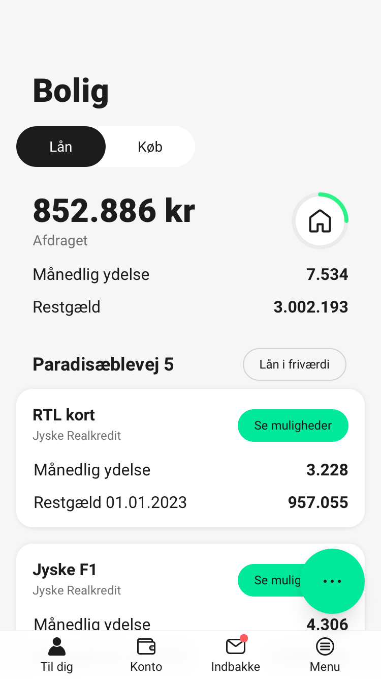 Skærmbillede, der viser boligoverblikket i mobilbanken