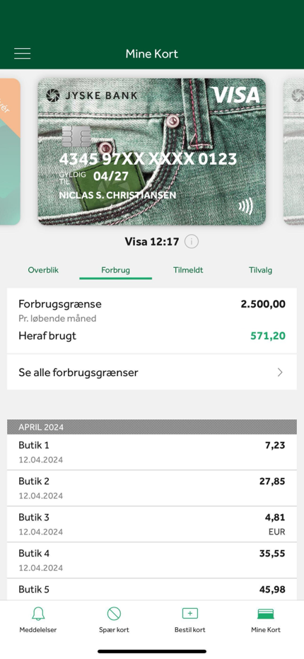 Overblik for forbrug i Mine Kort-app'en