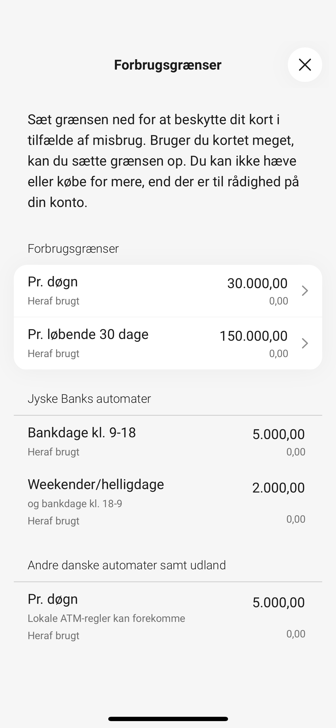 Skærmbillede fra mobilbanken - forbrugsgrænser