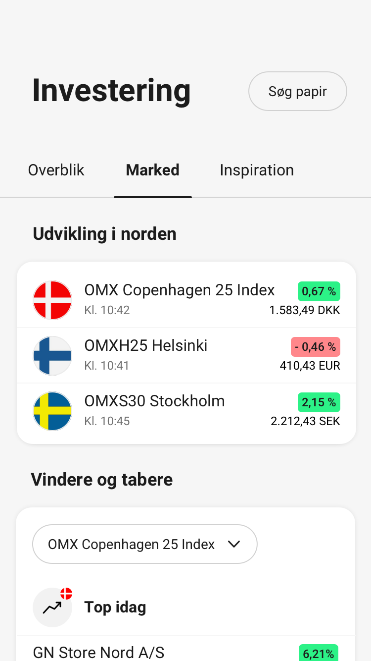Skærmbillede af investering via mobilbanken