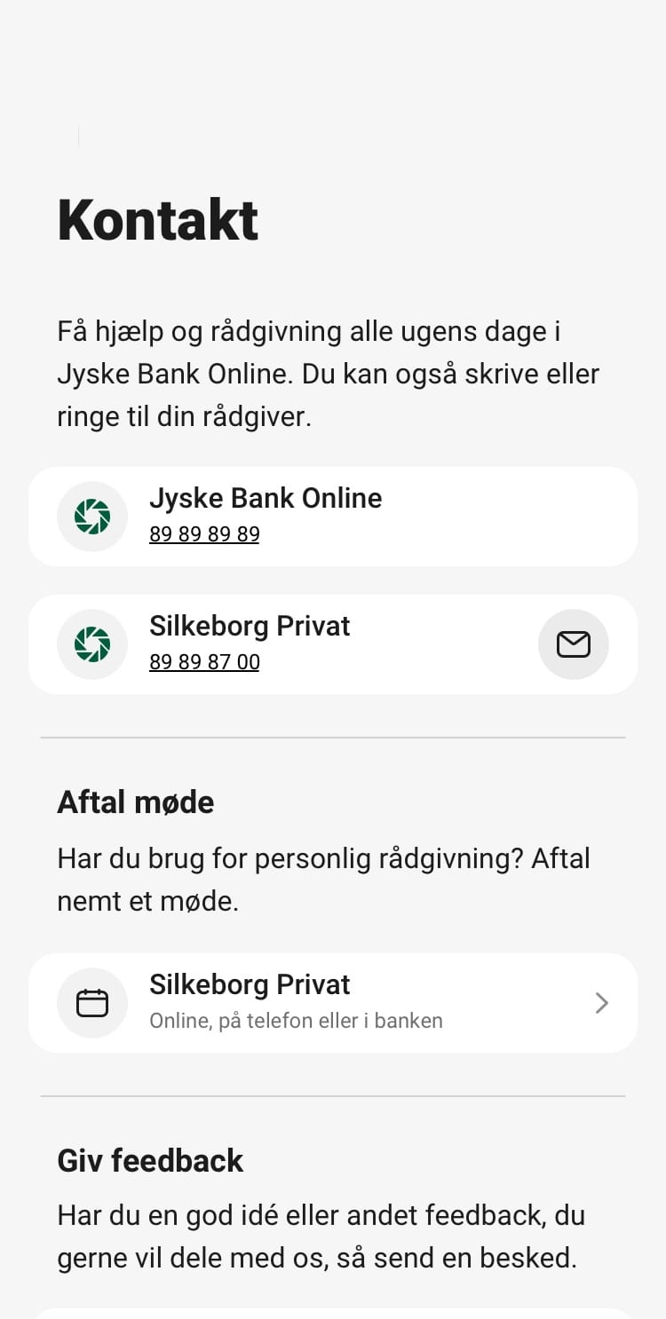 Skærmbillede fra mobilbanken - kontakt