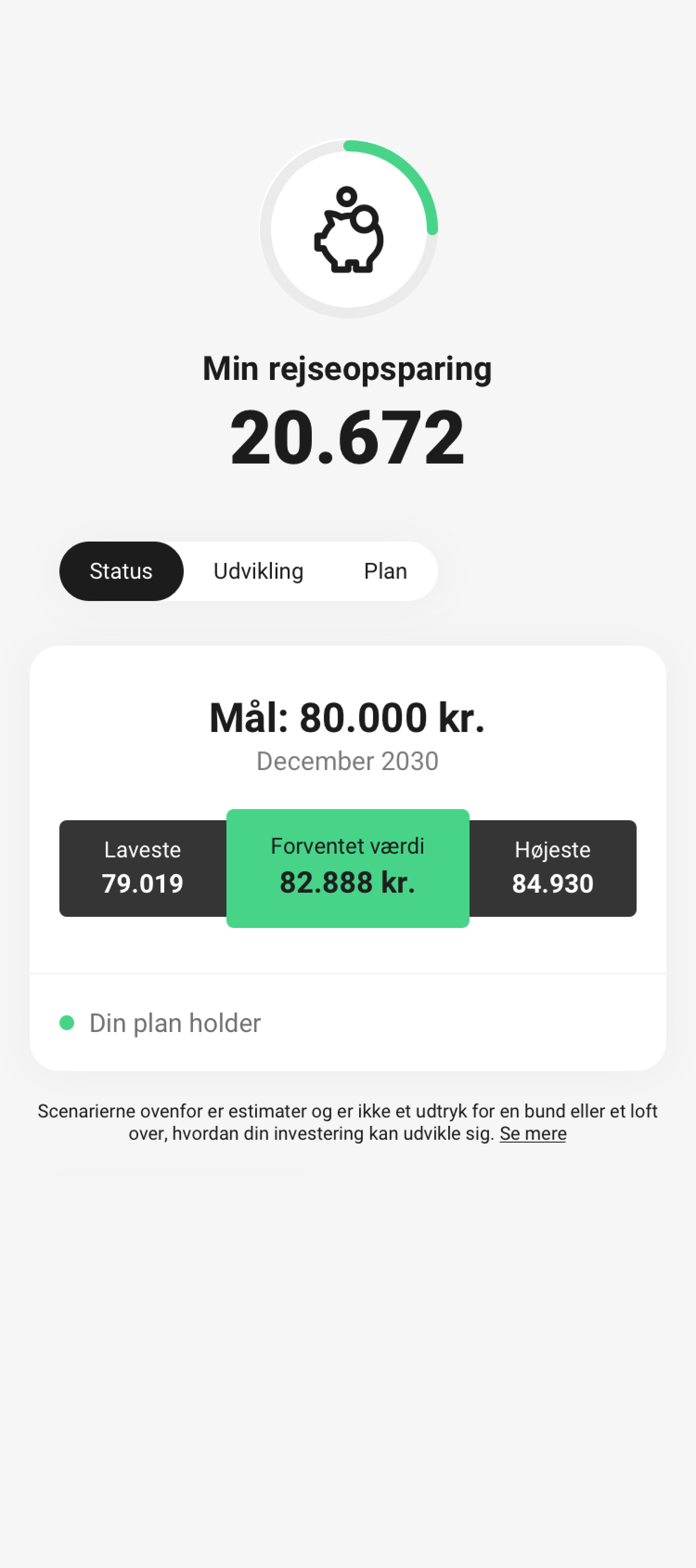 Skærmbillede fra mobilbanken - status på plan