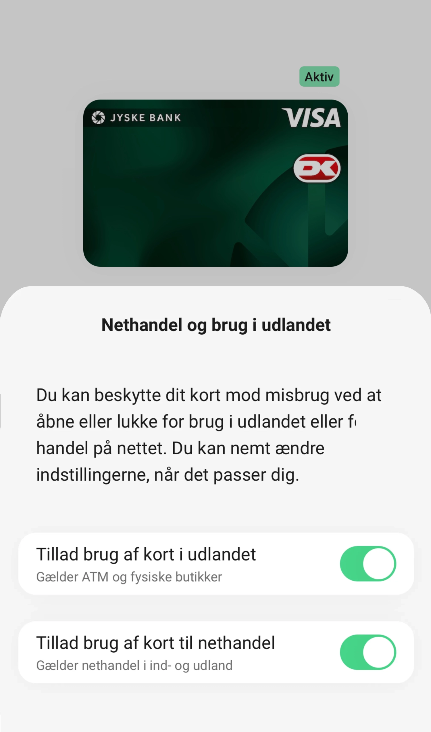 Skærmbillede fra mobilbanken - tillad handel i udlandet
