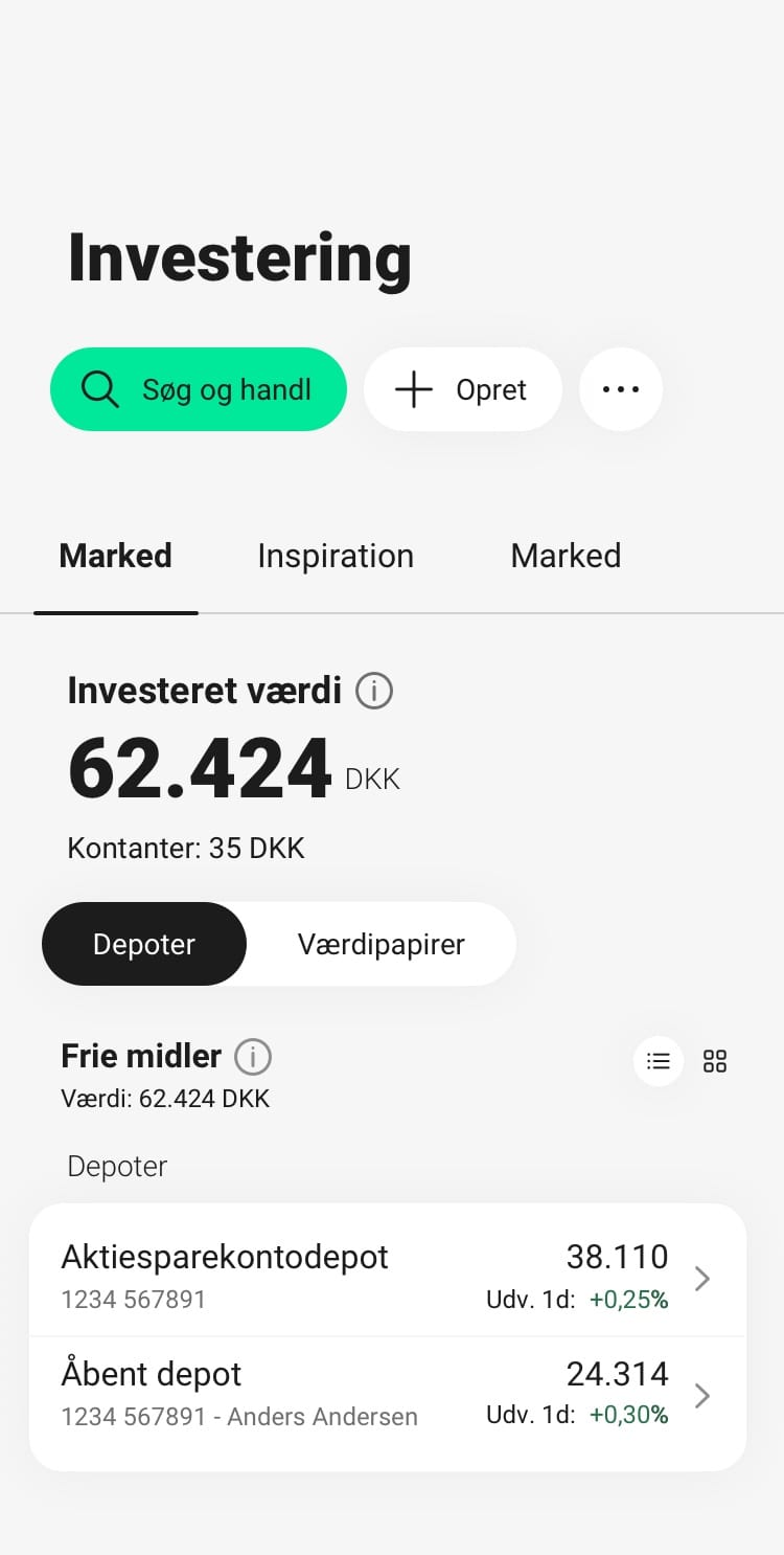 Skærmbillede fra mobilbanken - investeringsområdet