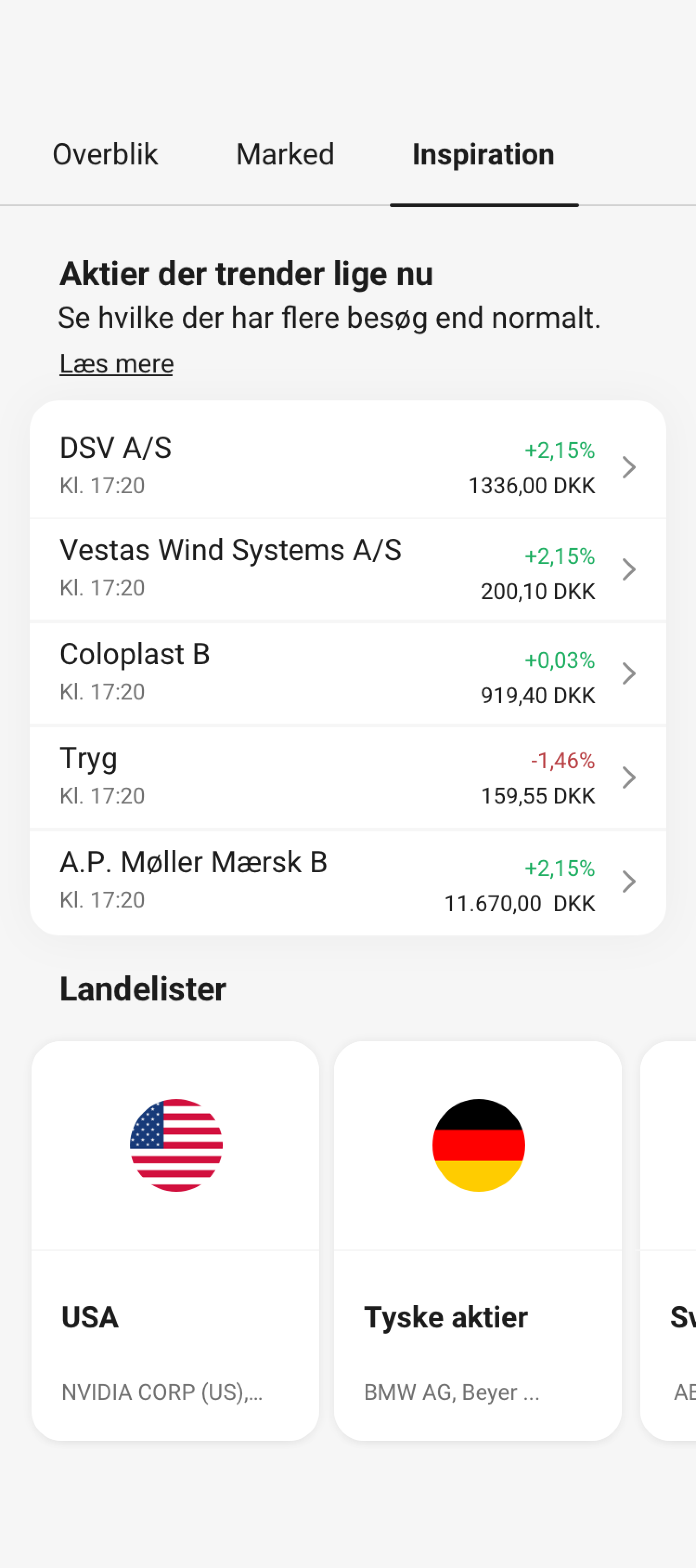 Screendump fra DRB med aktier der trender