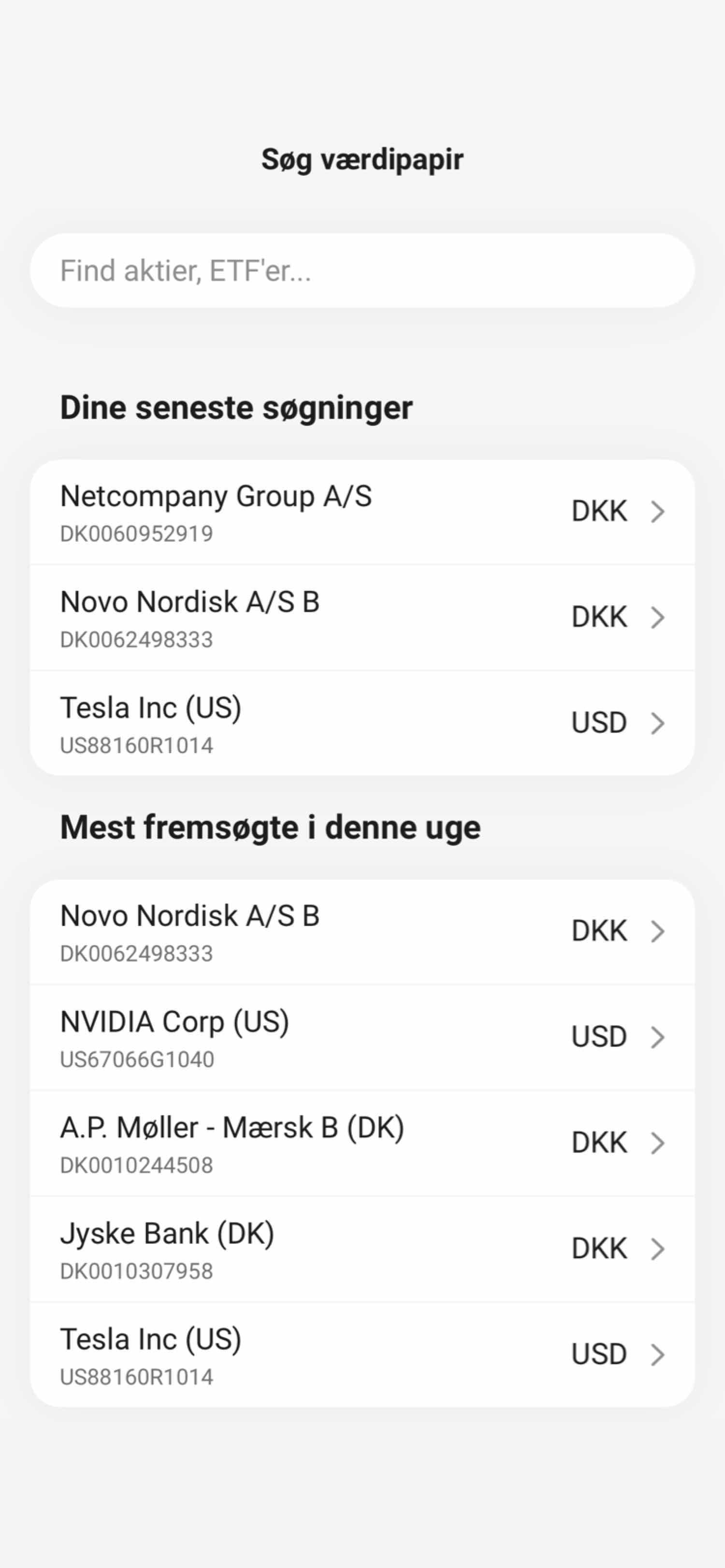 Skærmbillede fra mobilbanken der viser, hvor man søger efter værdipapirer