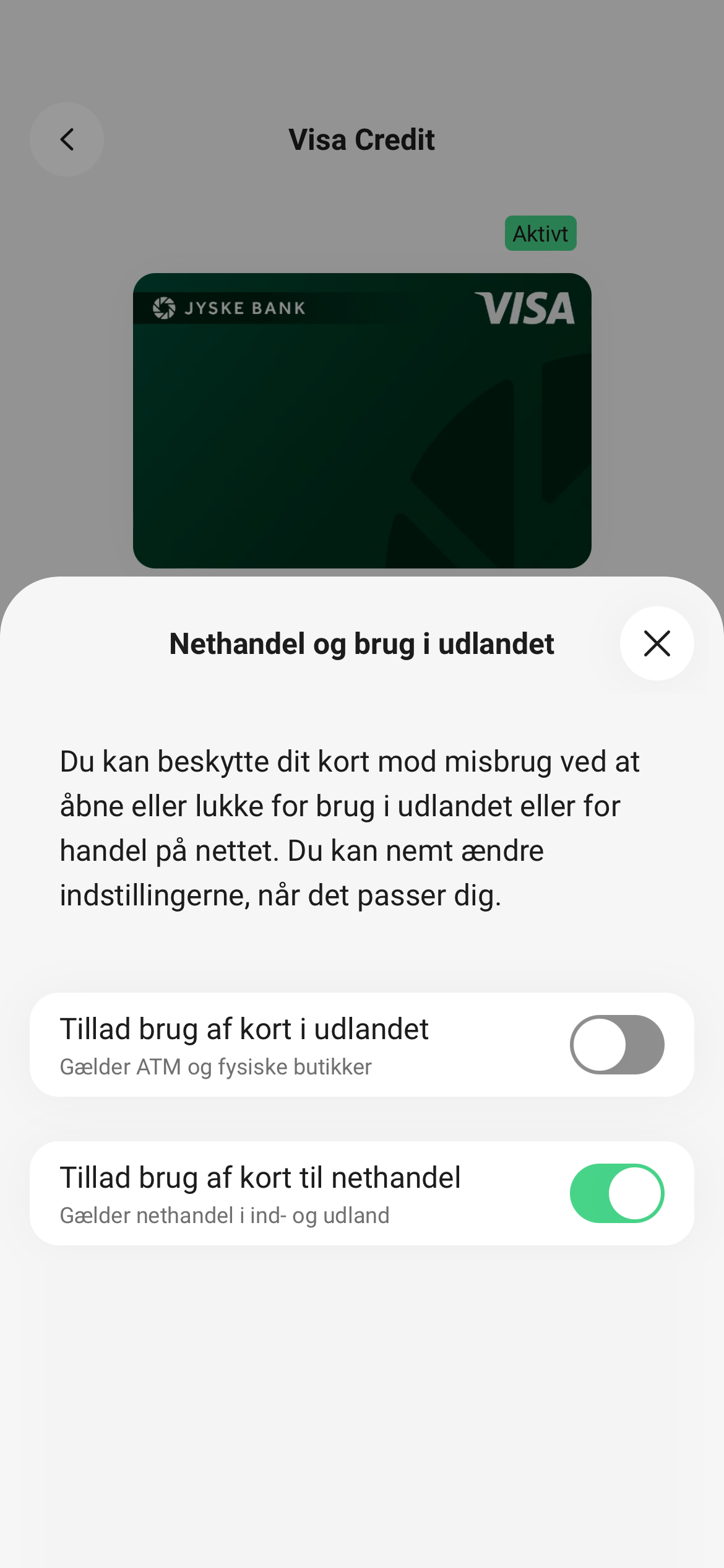 Skærmbillede fra mobilbanken - tillad nethandel