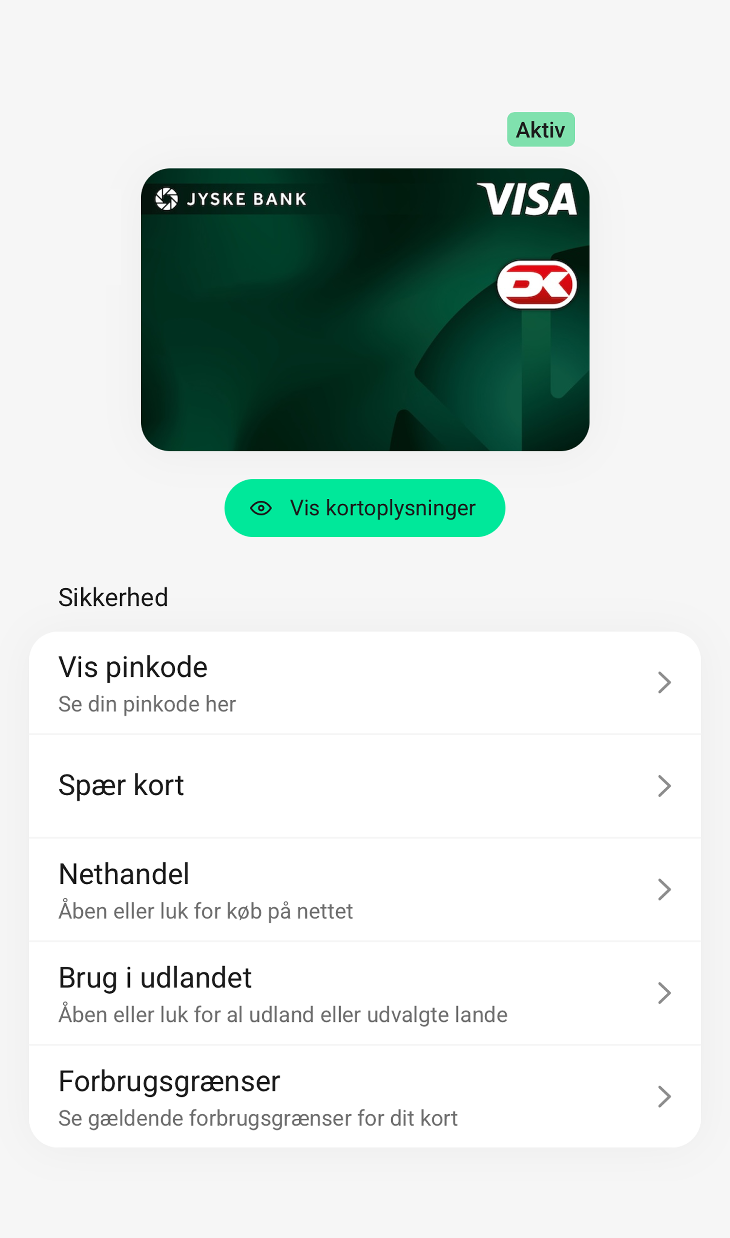 Detaljeside for hvert kort - skærmbillede fra mobilbanken