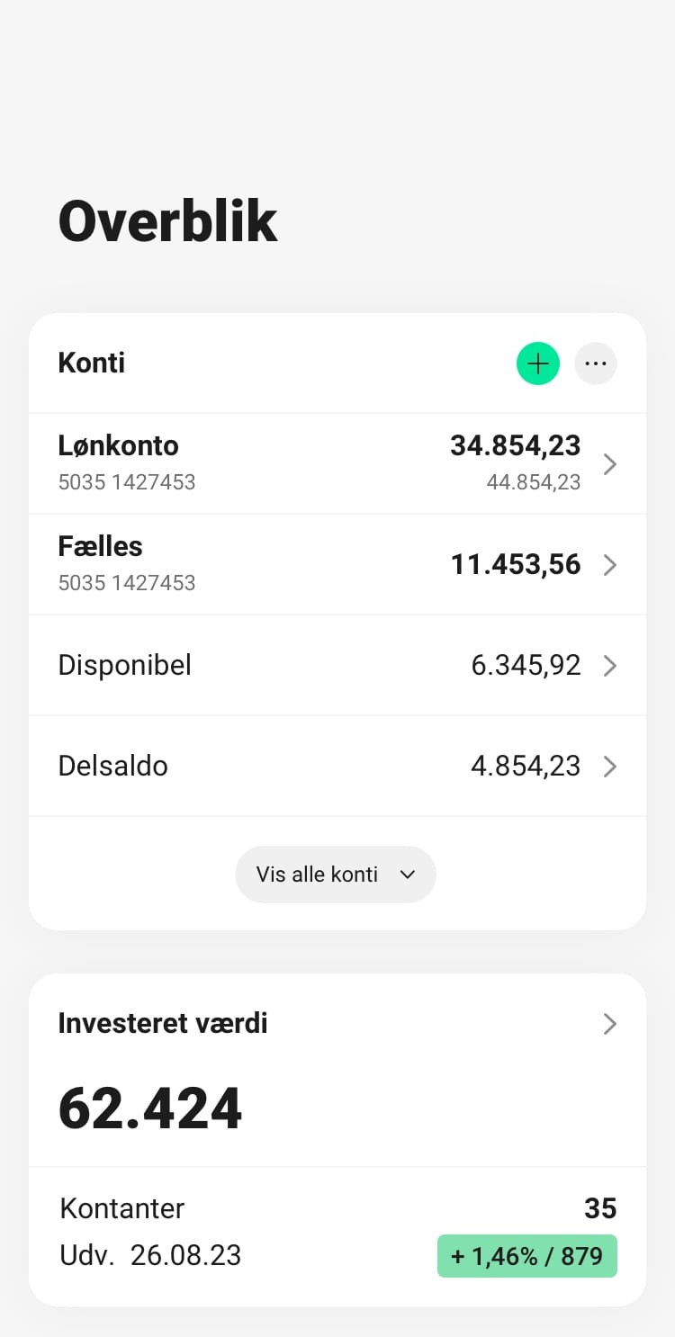 Skærmbillede fra mobilbanken - overblik