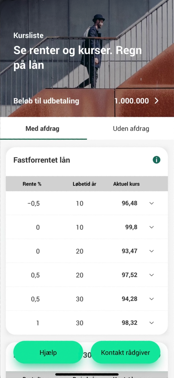 Screendump af Bedste Lån - renter og kurser