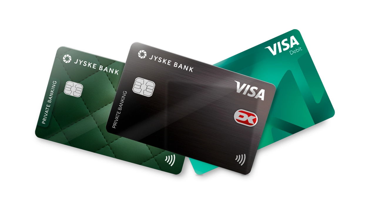 Tre betalingskort fra Jyske Bank - Visa Debit, Visa Credit og Visa/Dankort