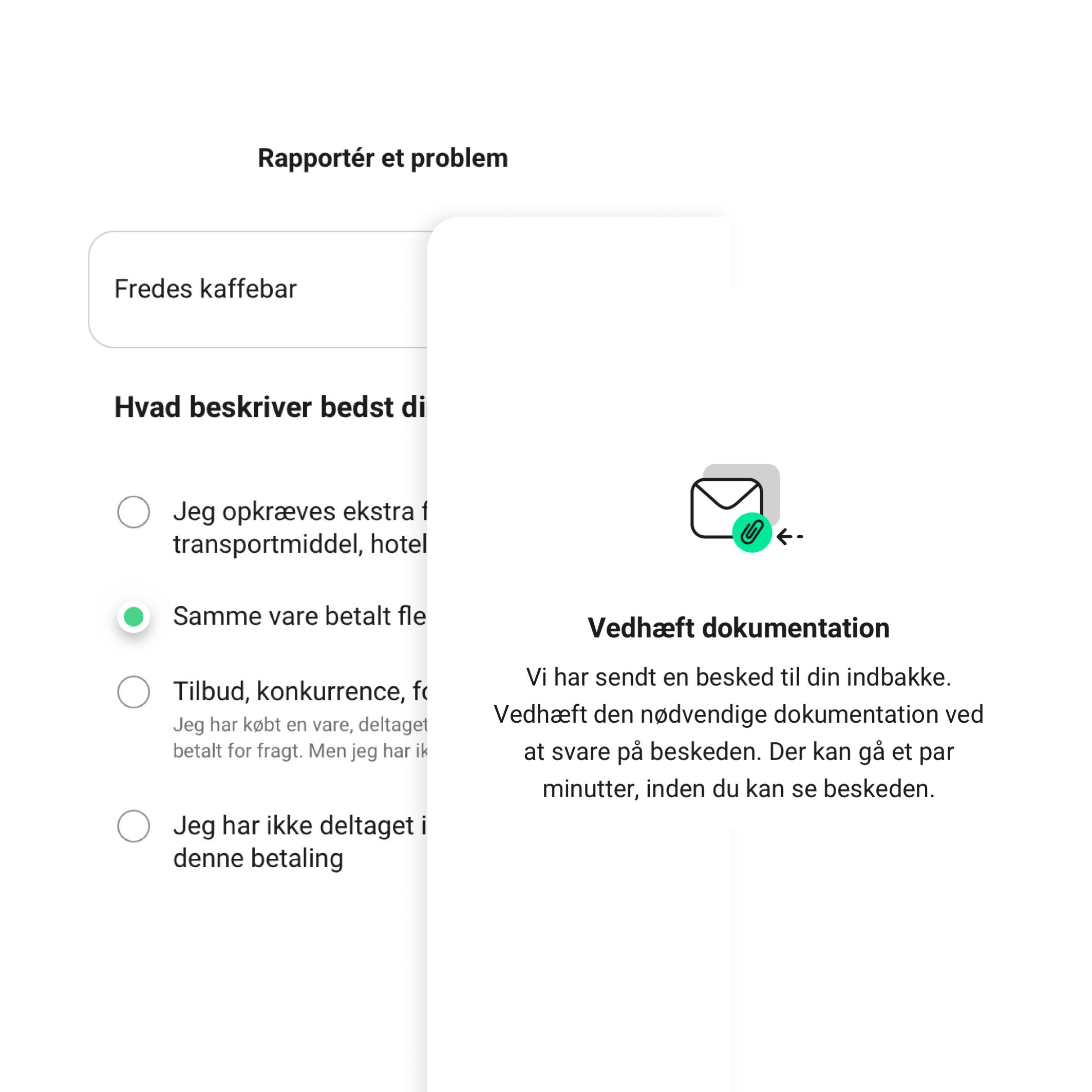 Skærmbilleder fra mobilbankens indsigelsesflow