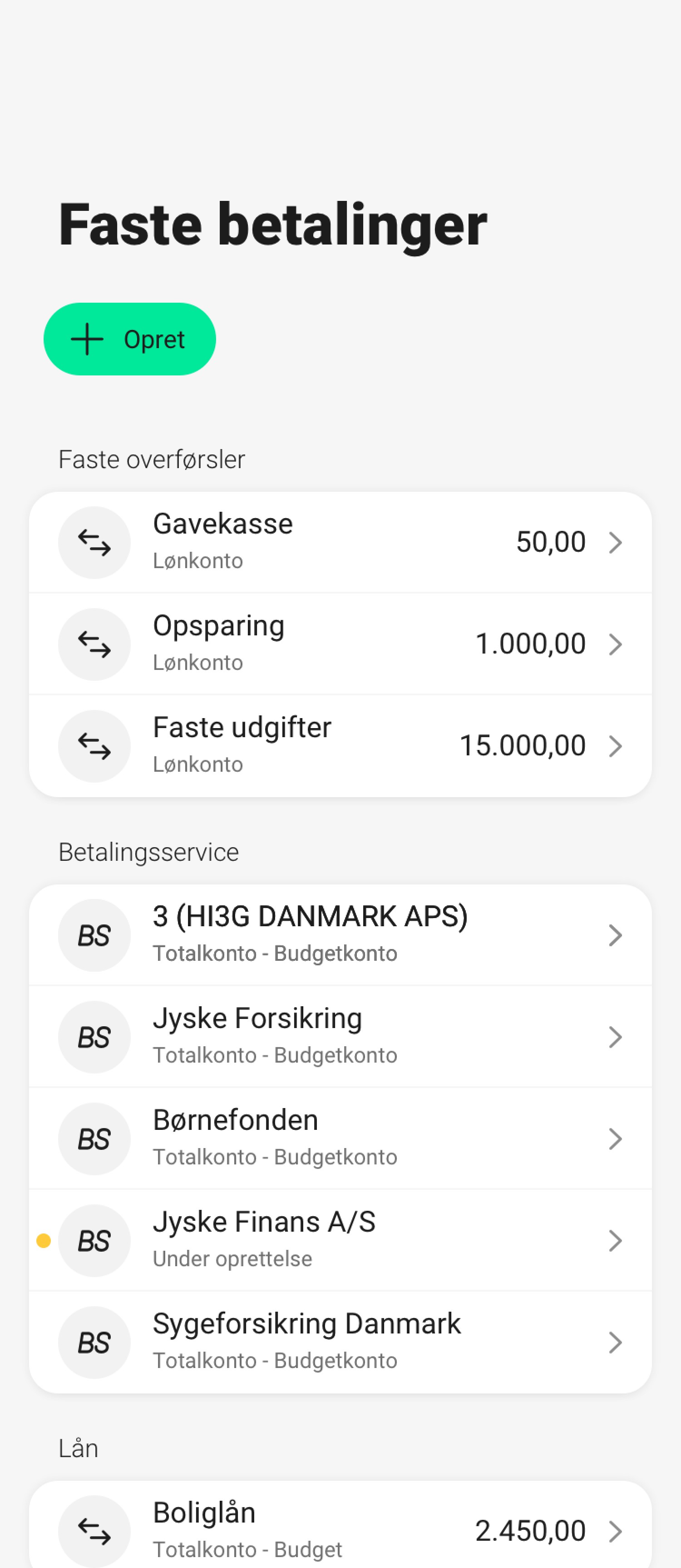 Skærmbillede af faste betalinger i mobilbanken