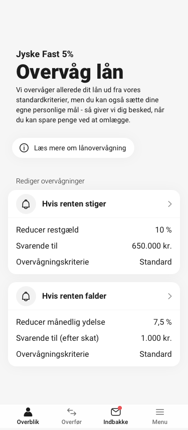 Skærmbillede af overvåg lån i mobilbanken