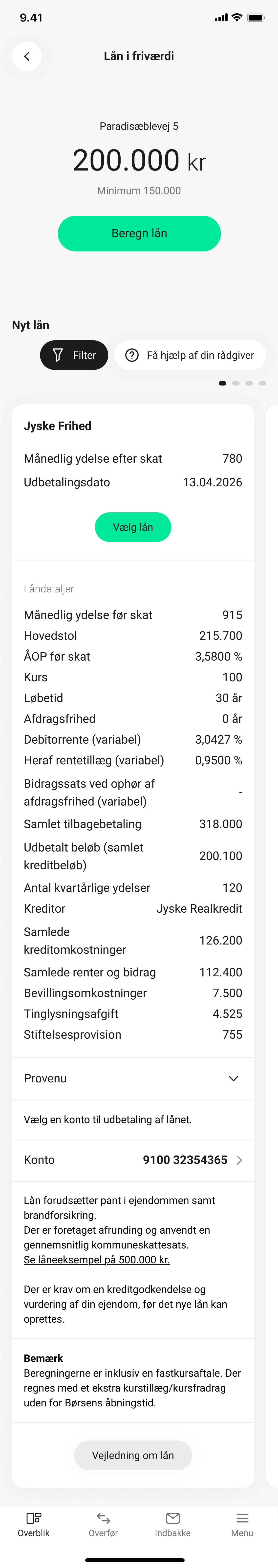 Skærmbillede fra mobilbanken med Regn på lån