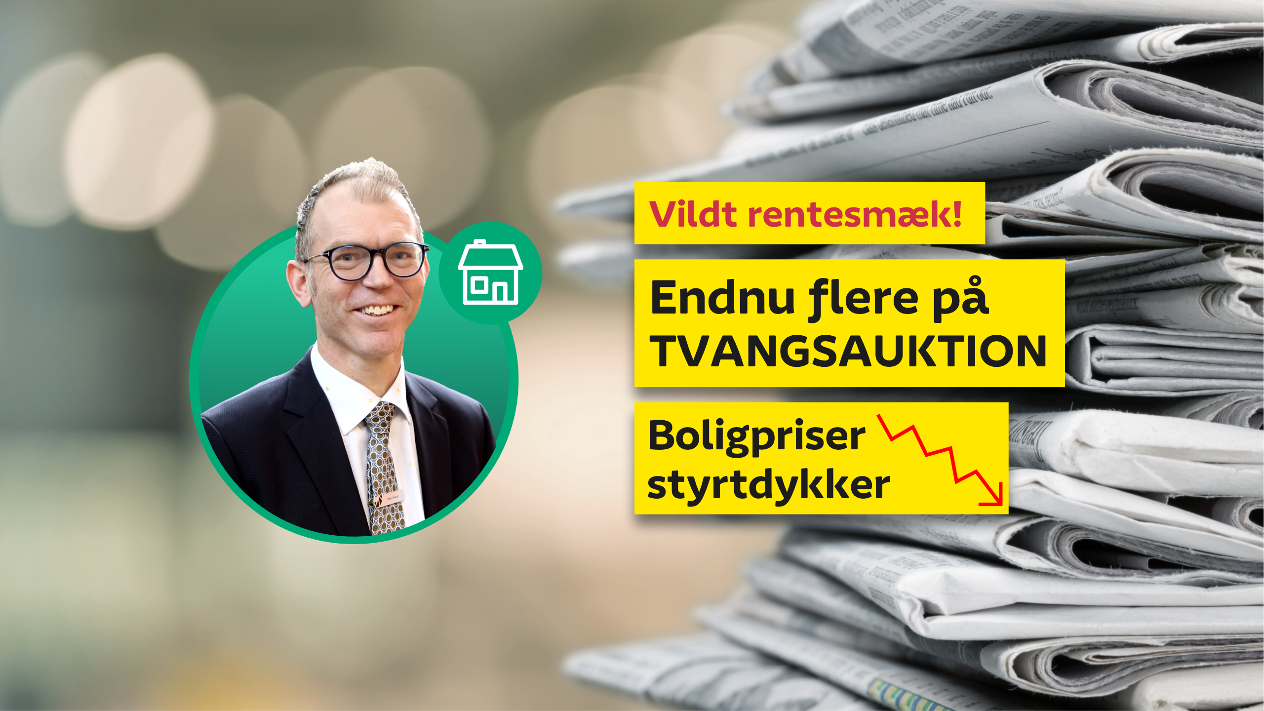 Boligøkonom Mikkel Høegh, en stak aviser, eksempler på gule overskrifter med negative bolighistorier