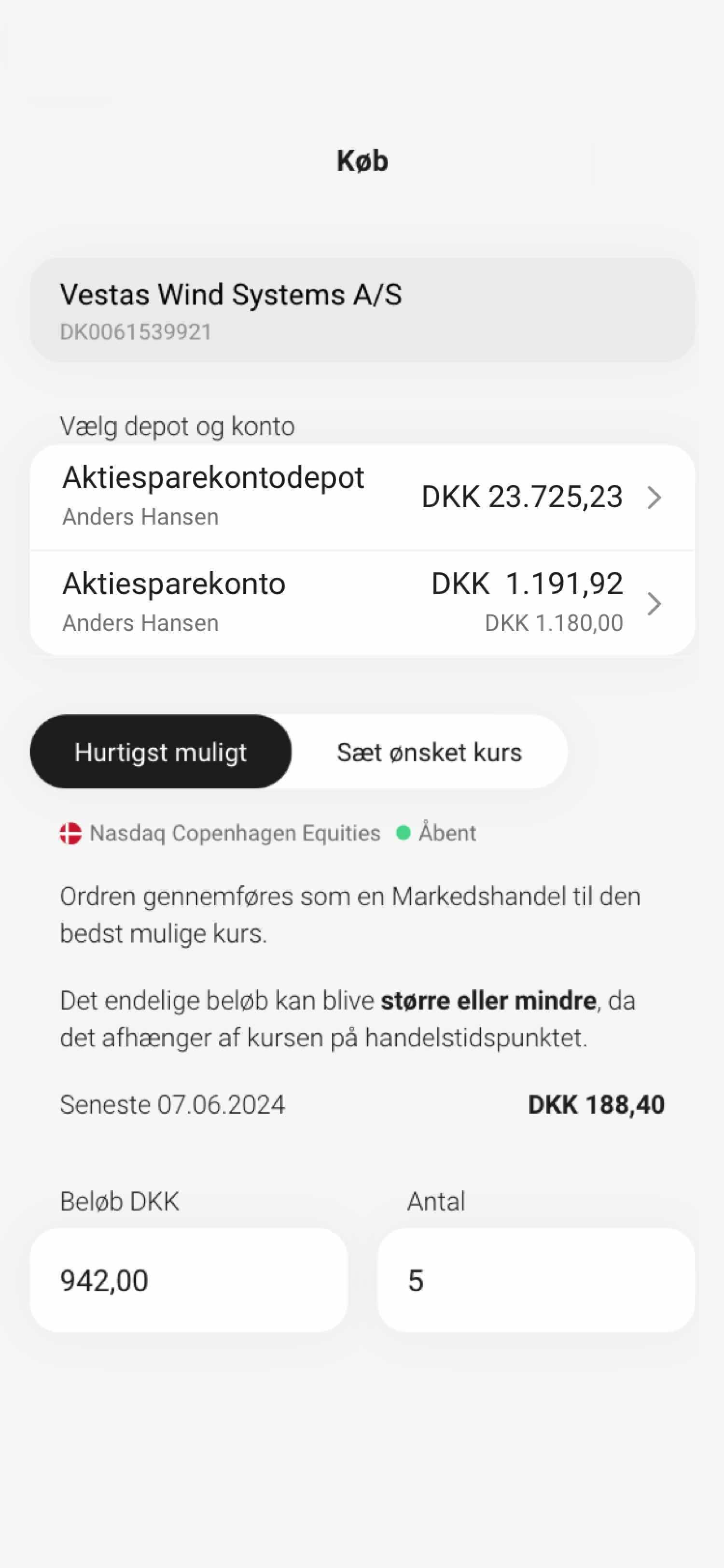 Skærmbillede fra mobilbanken der viser, hvor man køber værdipapirer