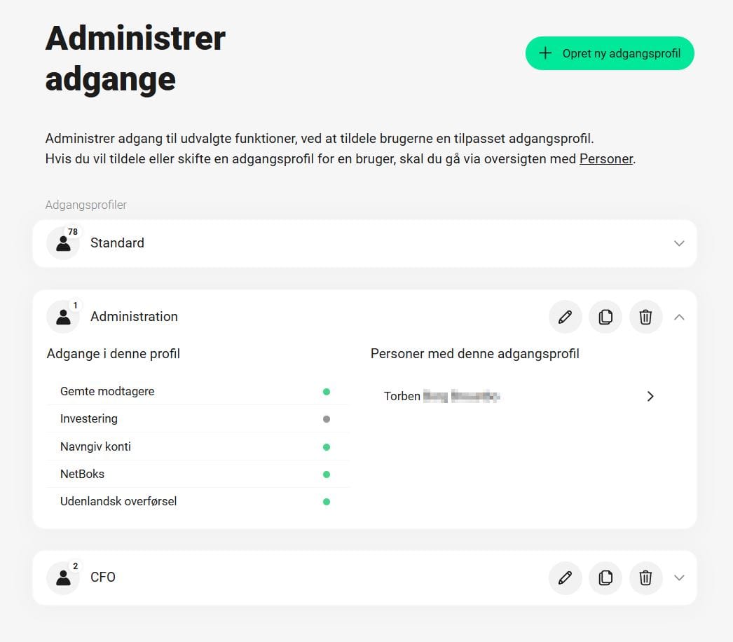Skærmbillede, der viser muligheder for at administrere adgange
