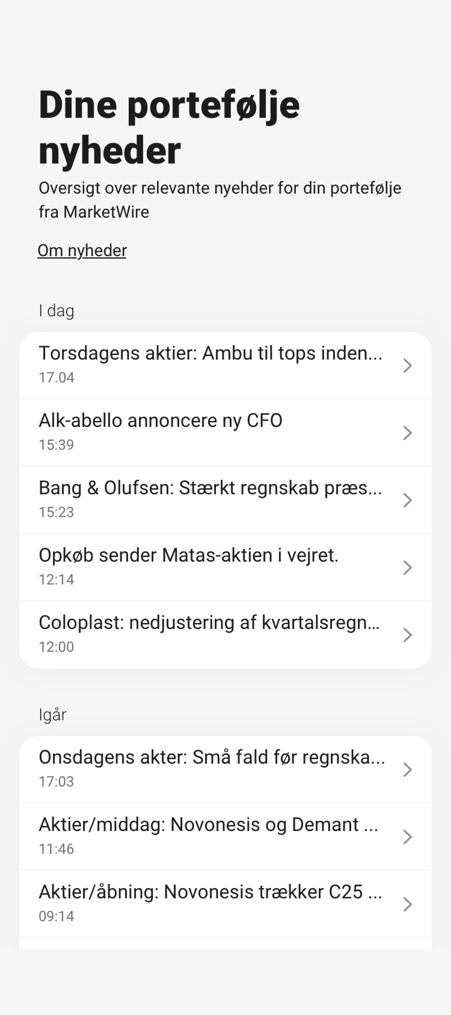 Skærmbillede fra mobilbanken - dine porteføljenyheder