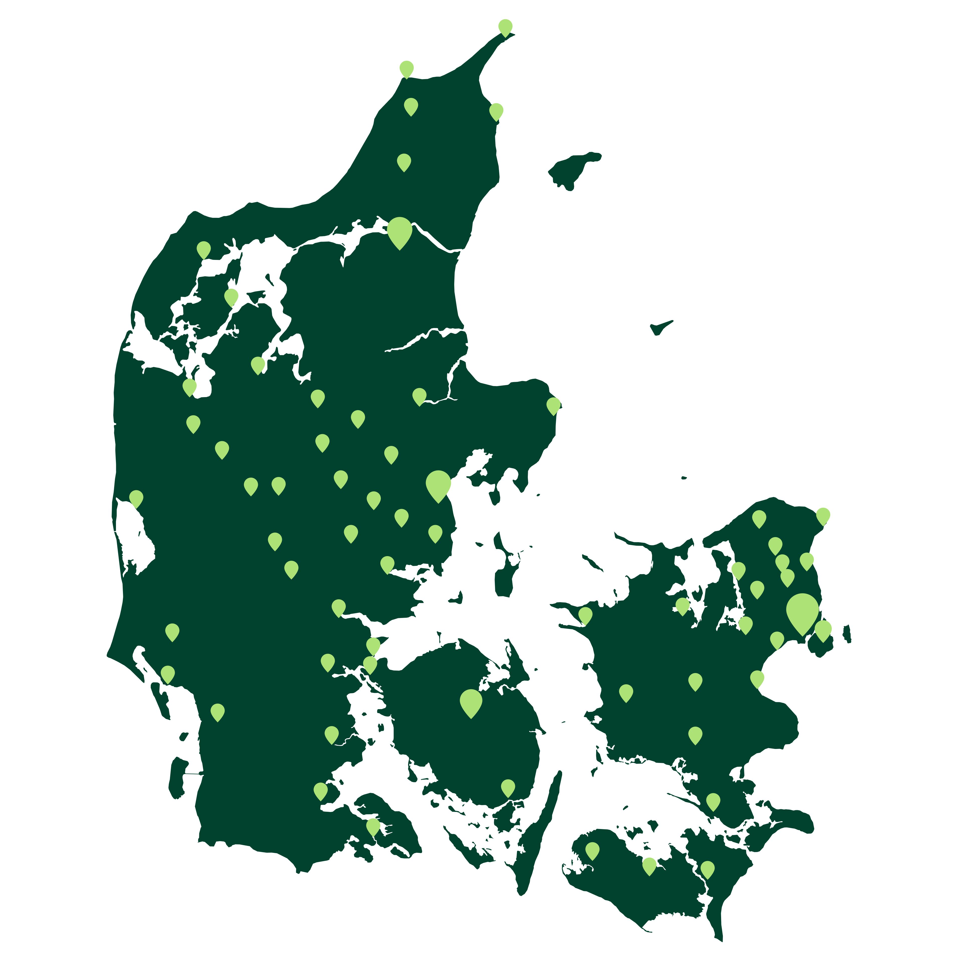 Danmarkskort med pins ved bankens afdelinger