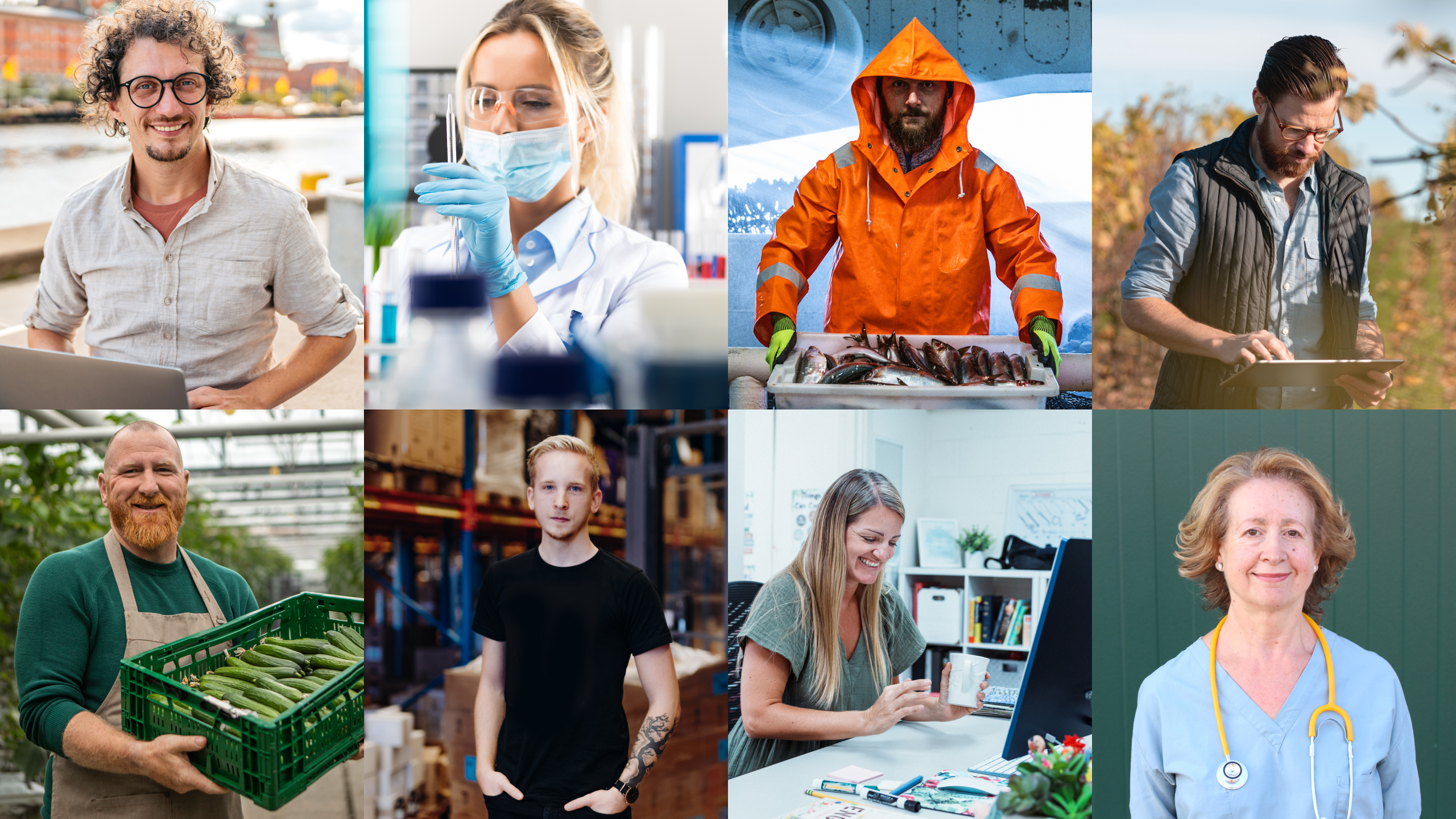 Collage med 8 forskellige personer med brancher