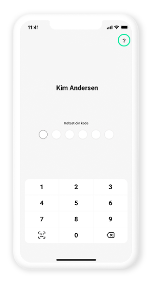 Skærmbillede af login-side i mobilbanken, der sætter fokus på spørgsmålstegnet i øverste hjørne