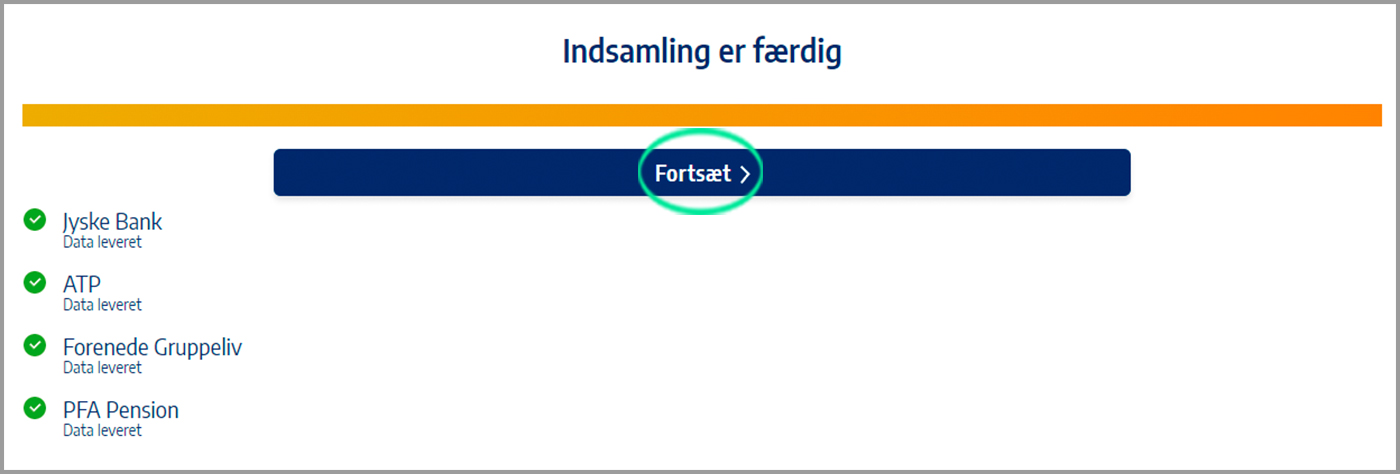 Skærmbillede, der viser at indsamlingen af pensionsoplysninger er færdig