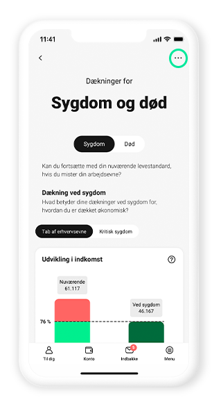 Skærmbillede fra mobilbanken med overblik over dækninger ved sygdom og død