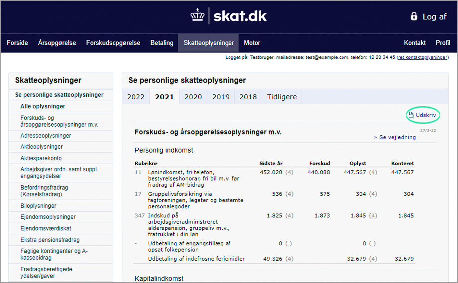 Skærmbillede fra skat.dk med personlige skatteoplysninger