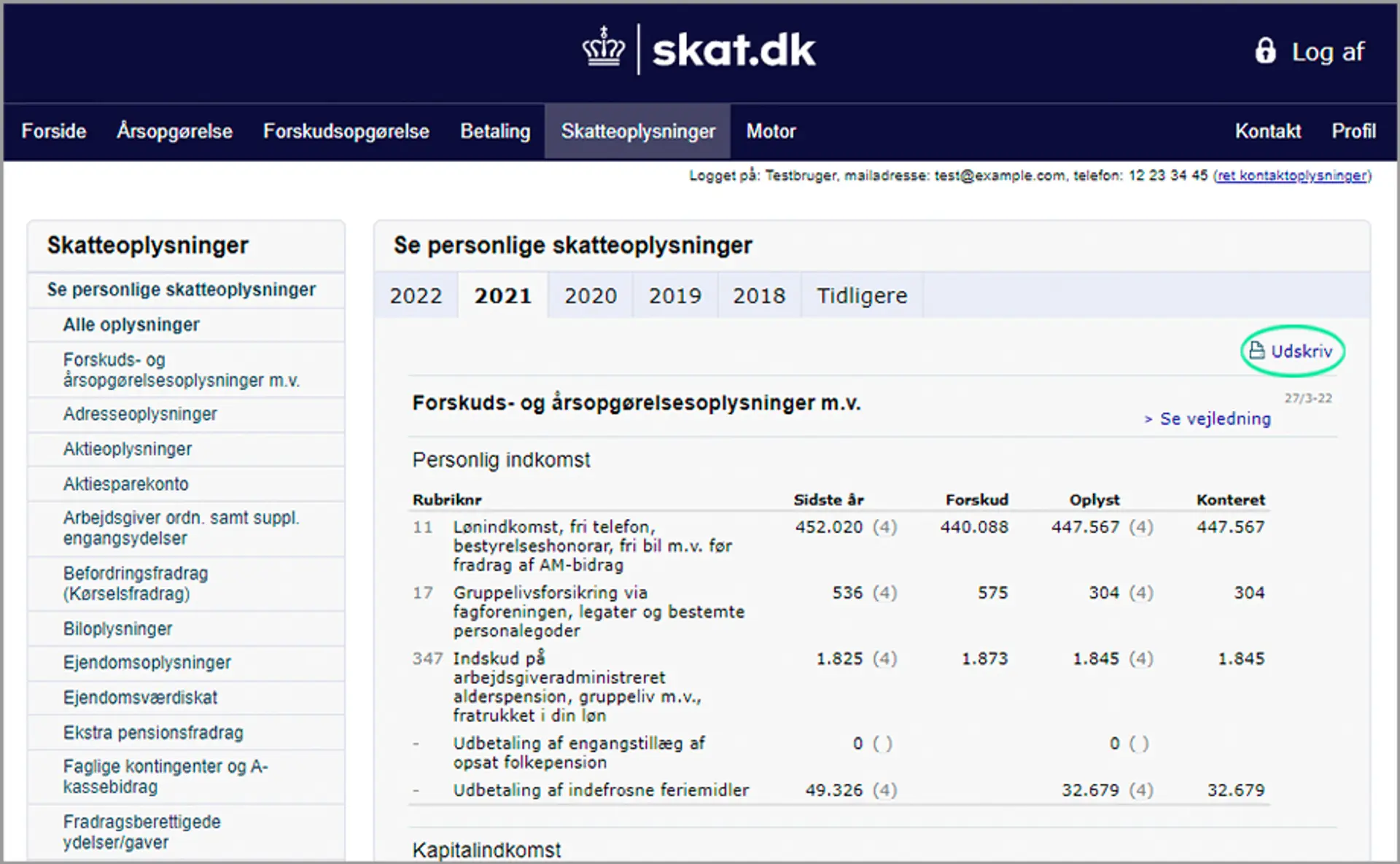 Skærmbillede fra skat.dk med personlige skatteoplysninger