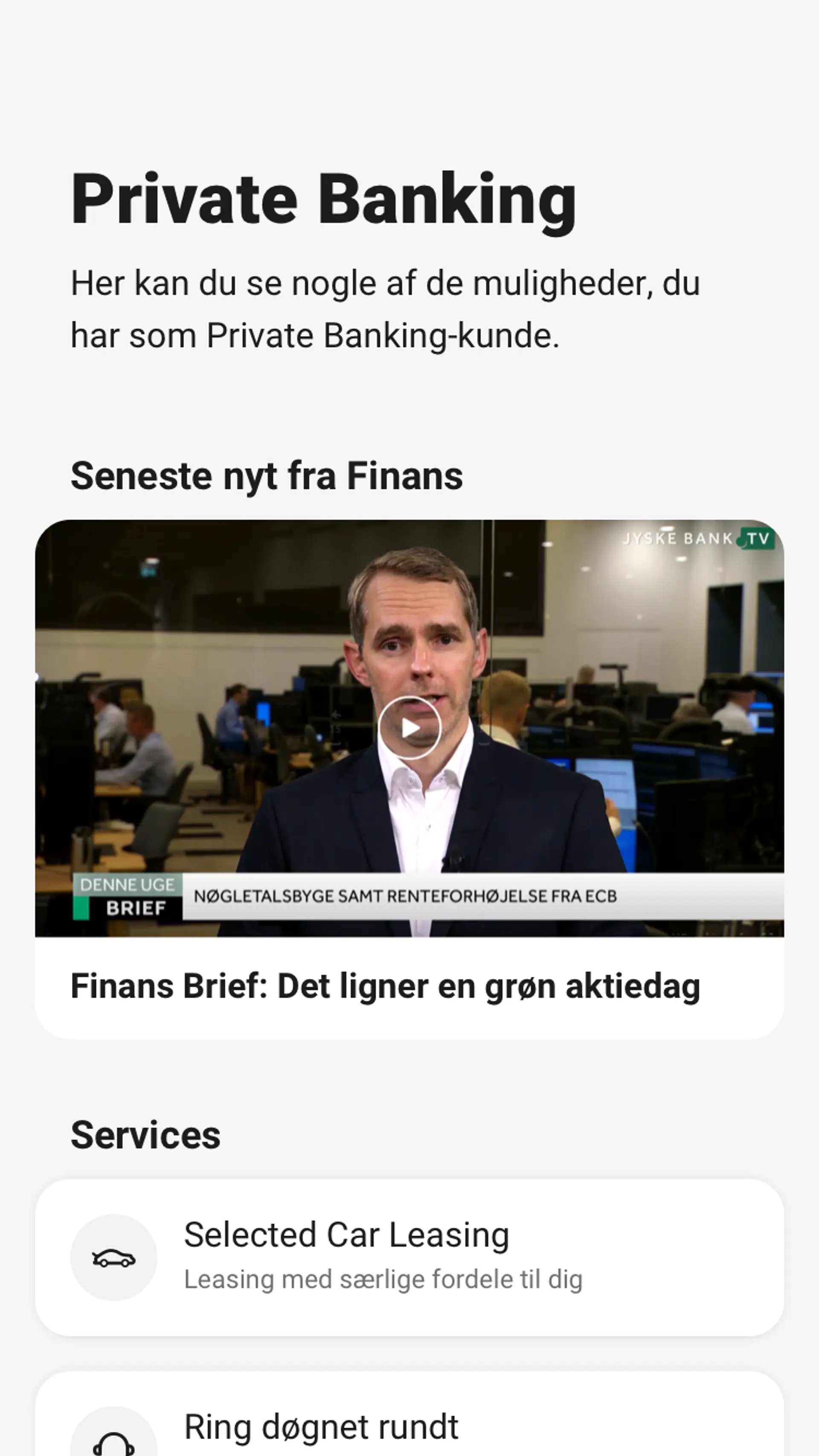 Skærmbillede, der viser private banking-overblikket i mobilbanken