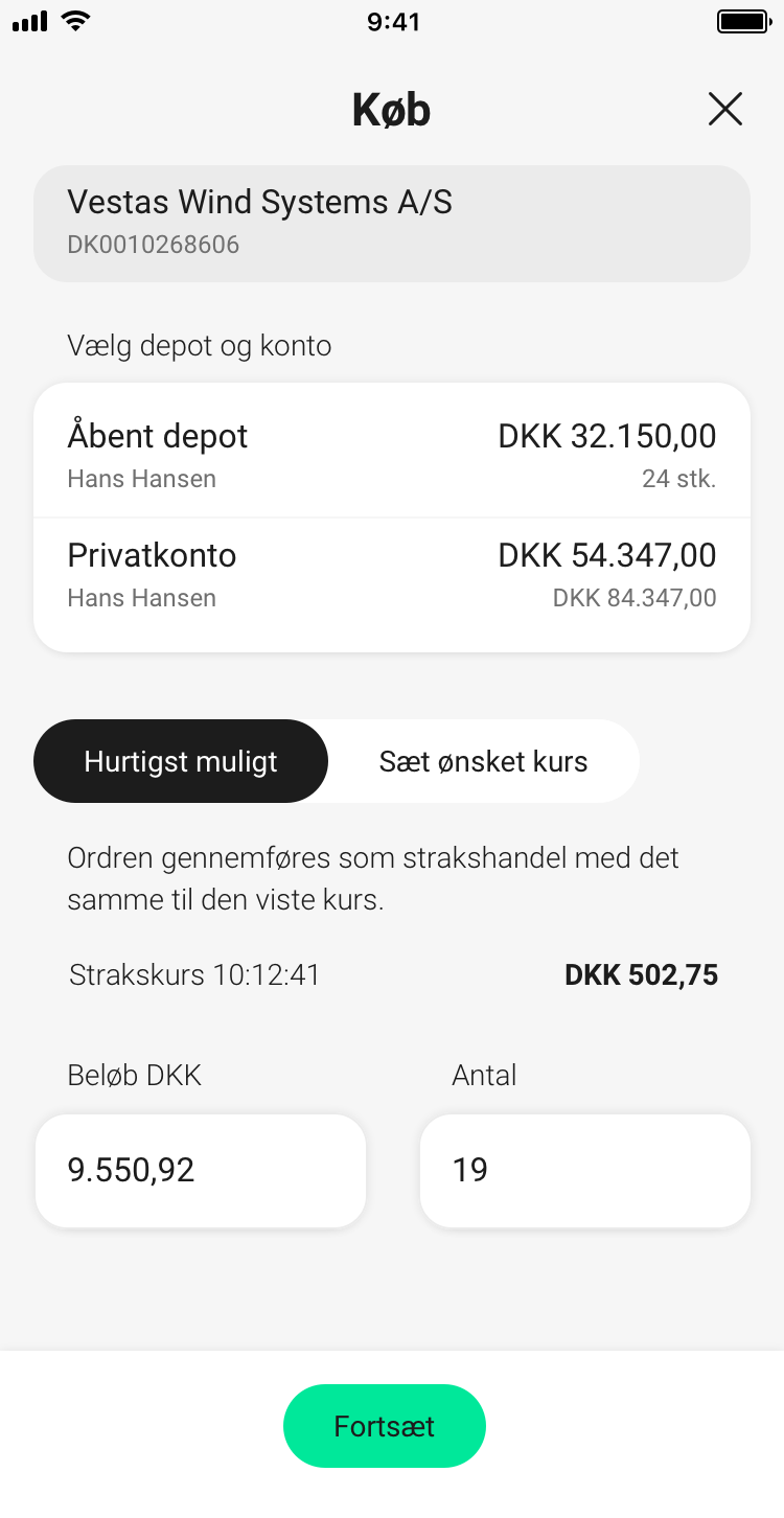 Skærmbillede, der viser valget mellem hurtigst muligt og ønslet kurs