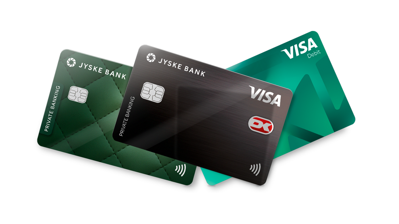 Tre betalingskort fra Jyske Bank - Visa Debit, Visa Credit og Visa/Dankort