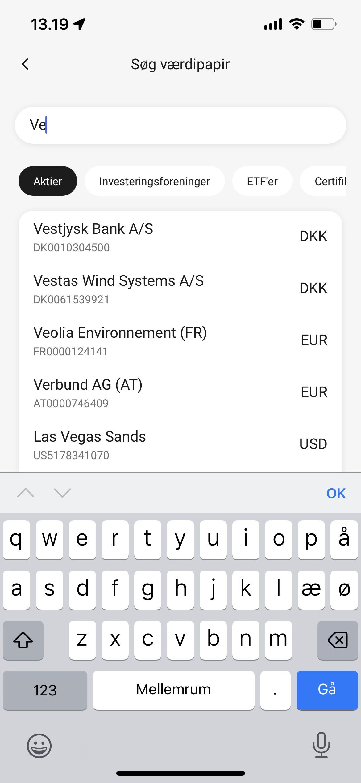 Søgefunktionen til værdipapirer i mobilbanken