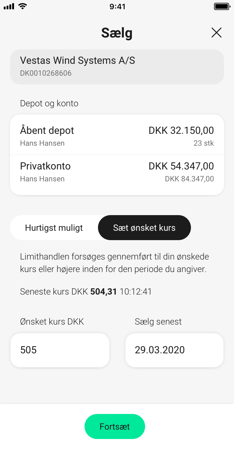 Skærmbillede, der viser valget mellem hurtigst muligt og ønsket kurs