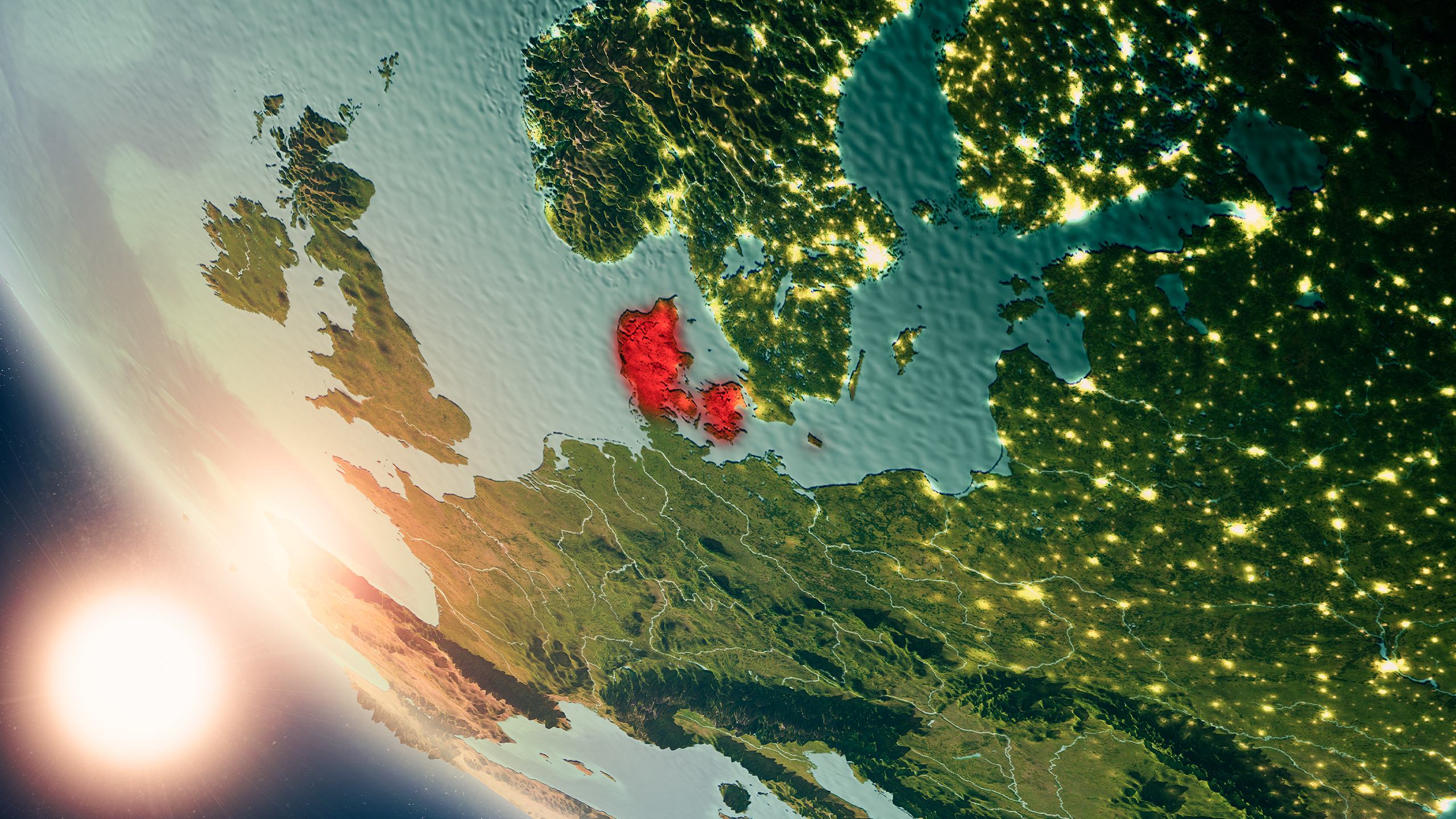 Europa set fra en flyvemaskine med Danmark markeret