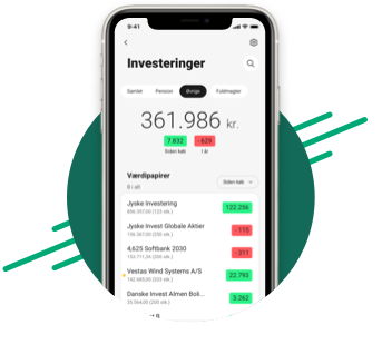 Smartphone der viser investering i Jyske Bank mobilbank