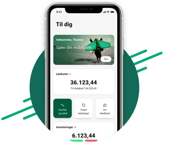 Smartphone med skærmbillede af Jyske Bank mobilbank til dig